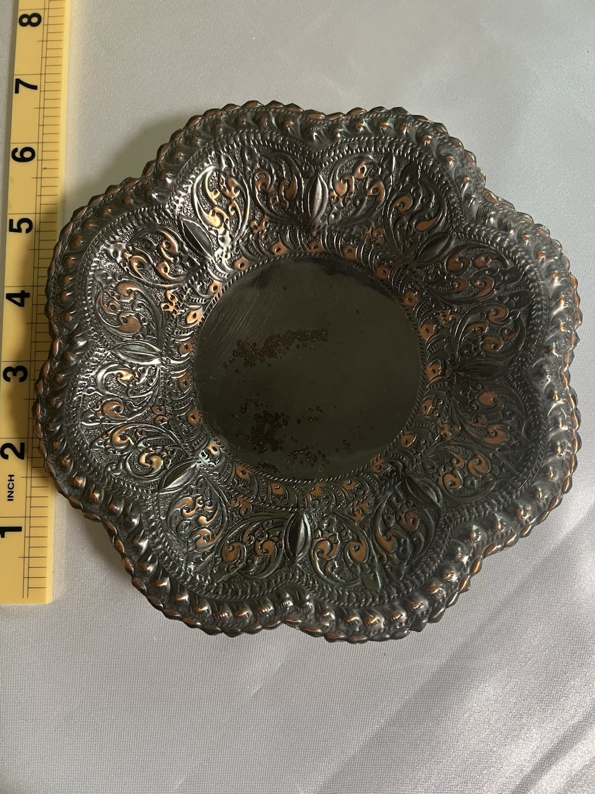 Vintage Sri Lanka Handicrafts Emporium Engraved Brass Copper Footed Plate 7” Vintage Sri Lanka Handicrafts Emporium Engraved Brass Copper Footed Plate 7”