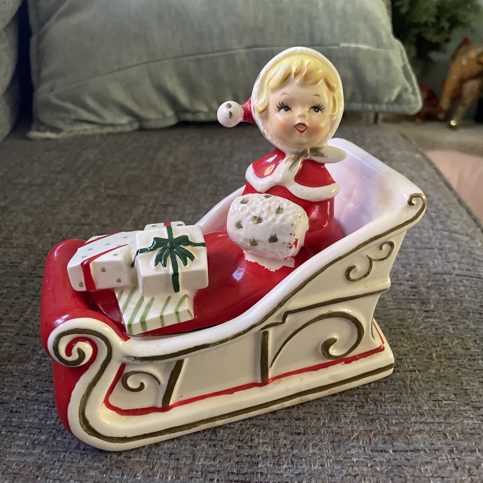 Vintage 2 pc Lefton ?Girl in Sleigh Christmas Covered Candy Dish