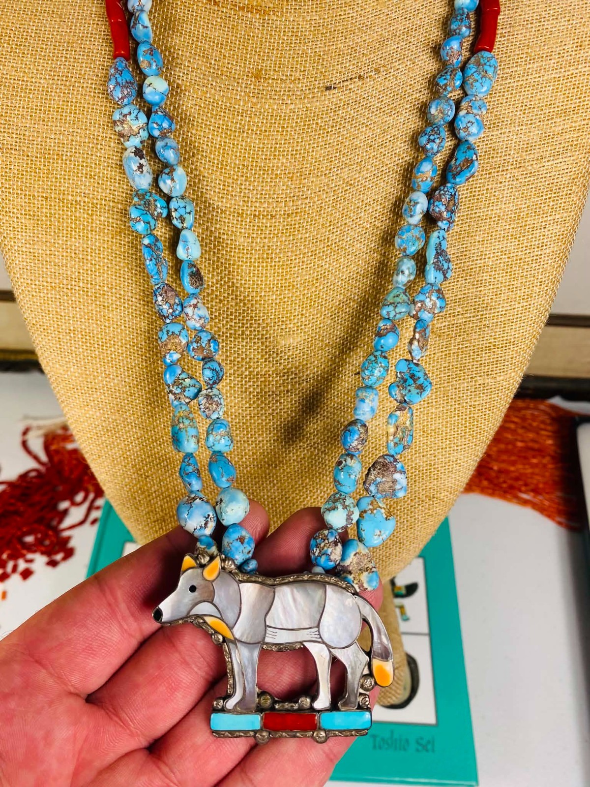 Rare Vintage Native American Zuni Porfilio Sheyka Turquoise Silver Wolf Necklace Rare Vintage Native American Zuni Porfilio Sheyka Turquoise Silver Wolf Necklace