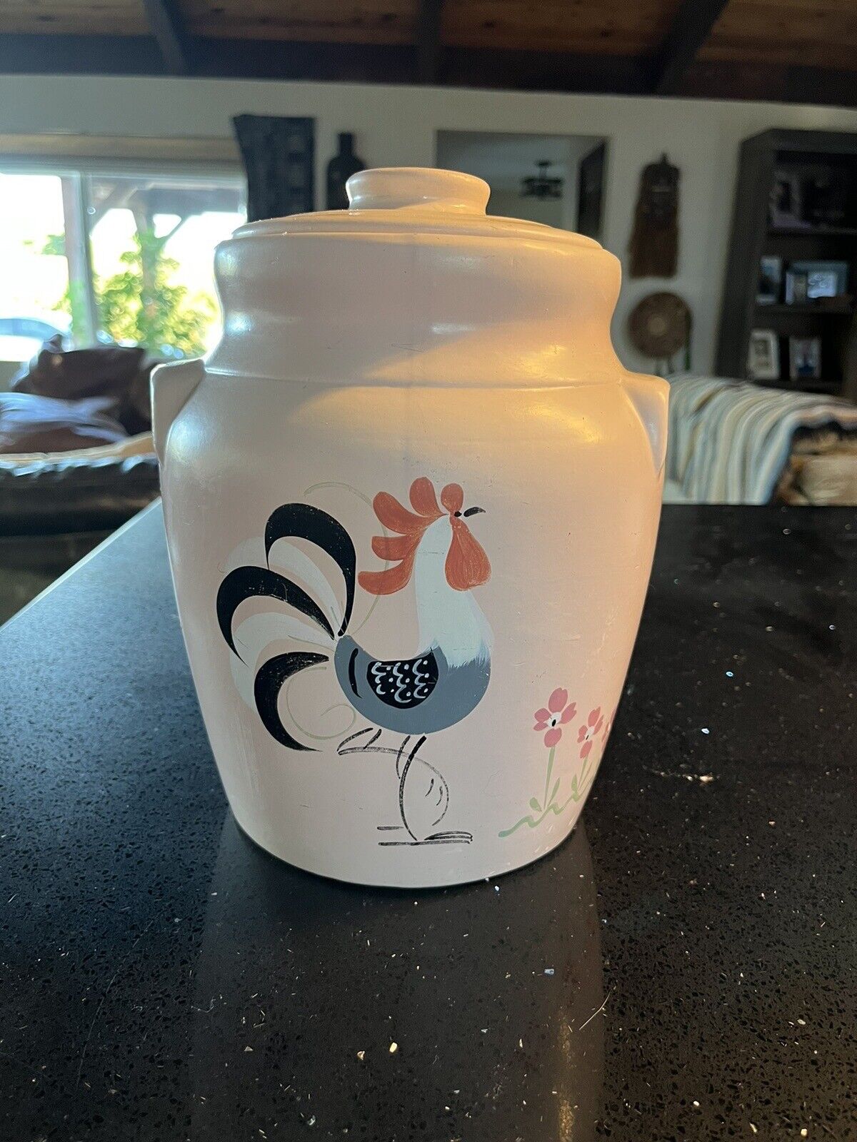 Arthur J. Ransburg 1940's 10”x8”Stoneware hand-painted Rooster jar.