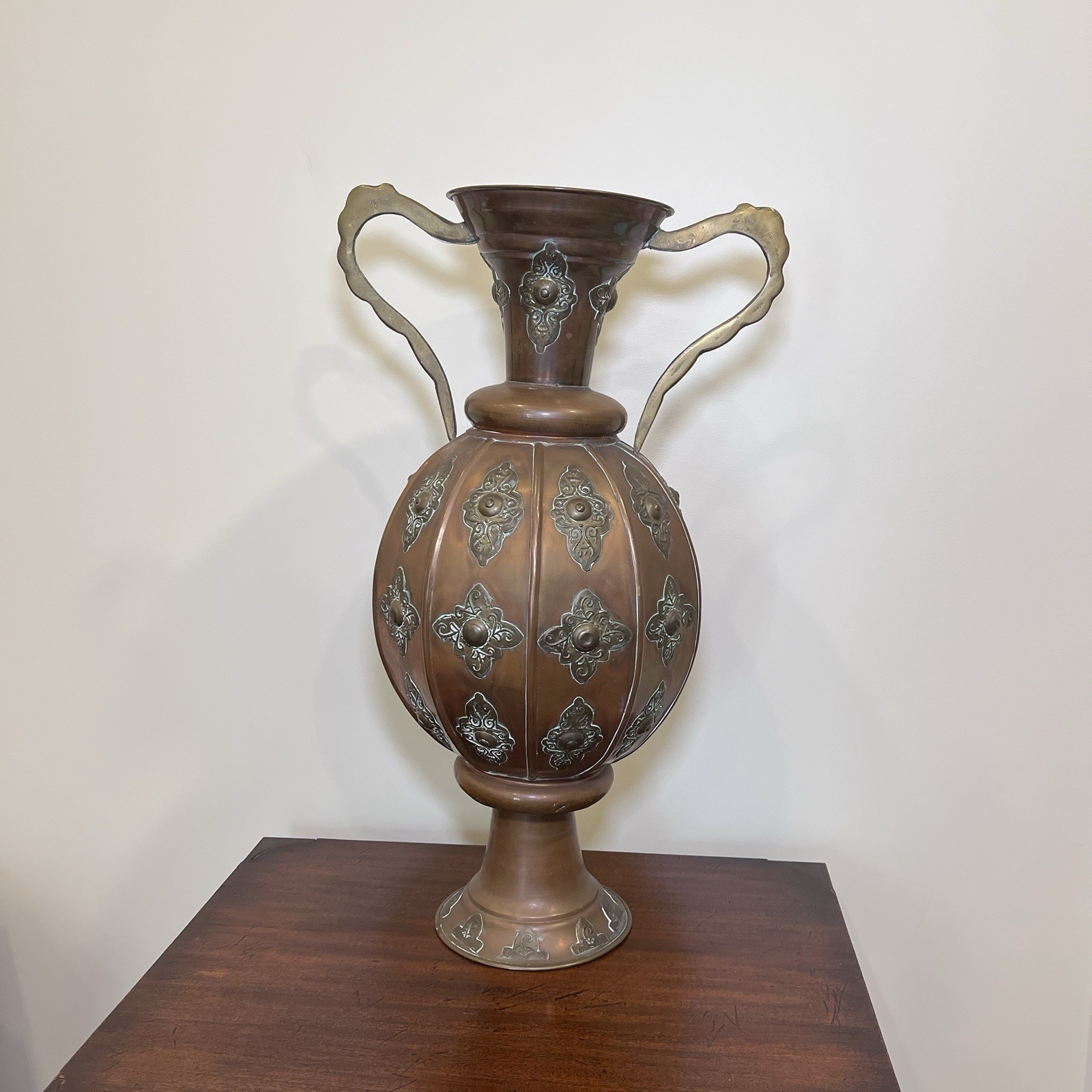 Large 21” Vtg Copper Two Handle Vase Urn w/Brass Decoration Ornate, Rare Large 21” Vtg Copper Two Handle Vase Urn w/Brass Decoration Ornate, Rare
