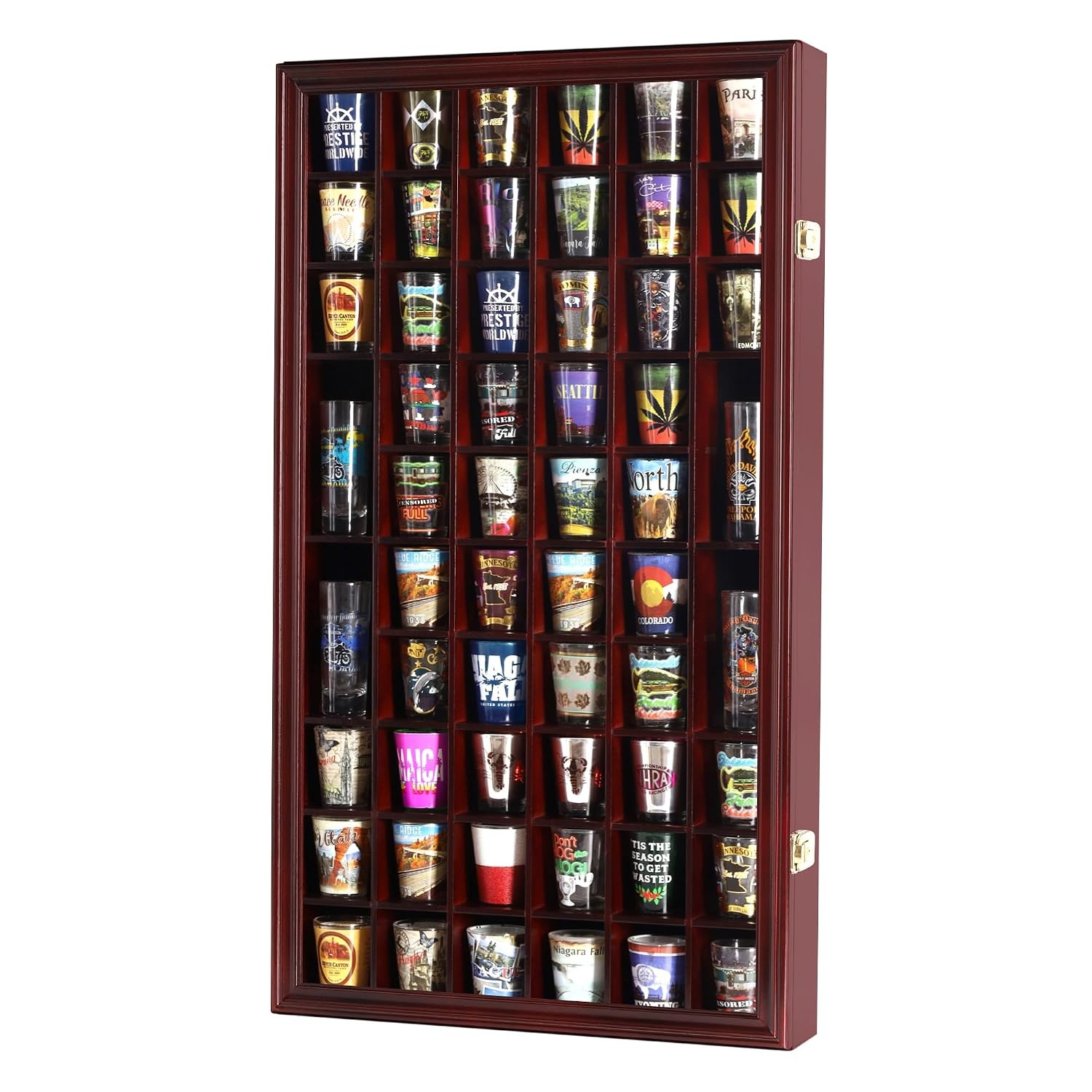 Cherry Finish Lockable Shot Glass Display Case Cabinet Wall Rack Holder Shadow Cherry Finish Lockable Shot Glass Display Case Cabinet Wall Rack Holder Shadow