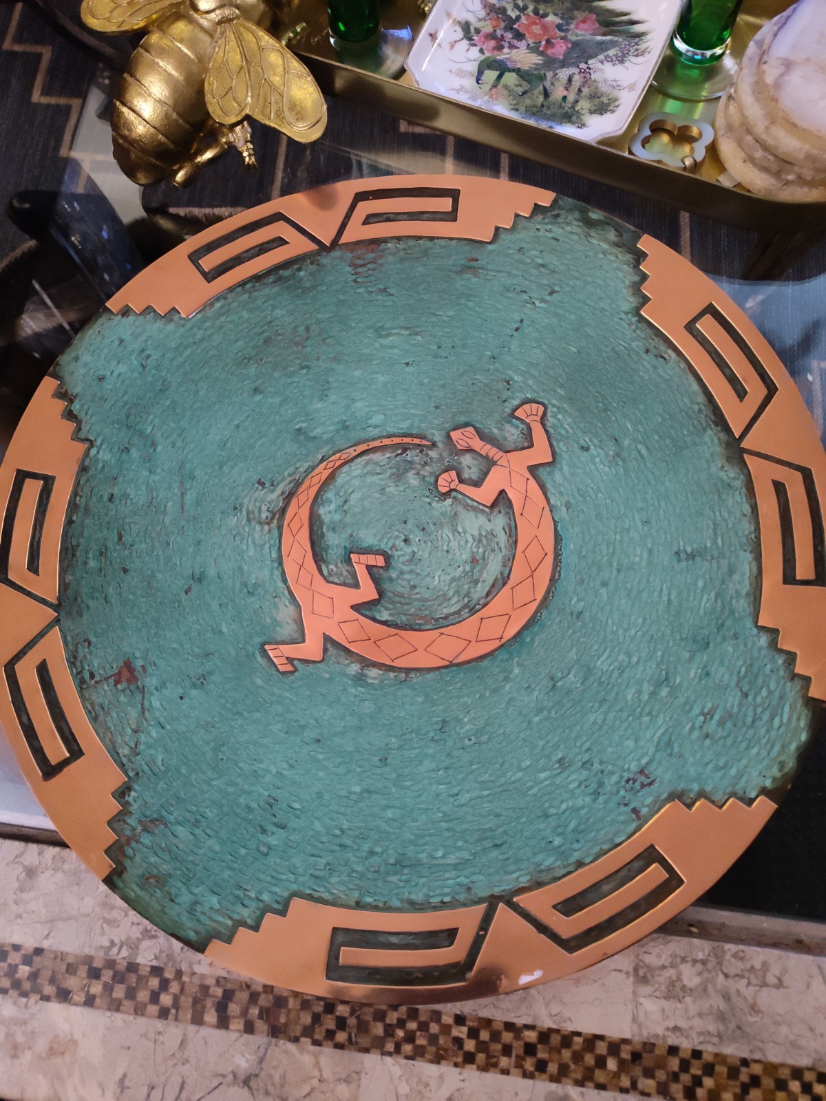 vintage Southwestern-style copper and turquoise patina gecko medicine wall plate vintage Southwestern-style copper and turquoise patina gecko medicine wall plate