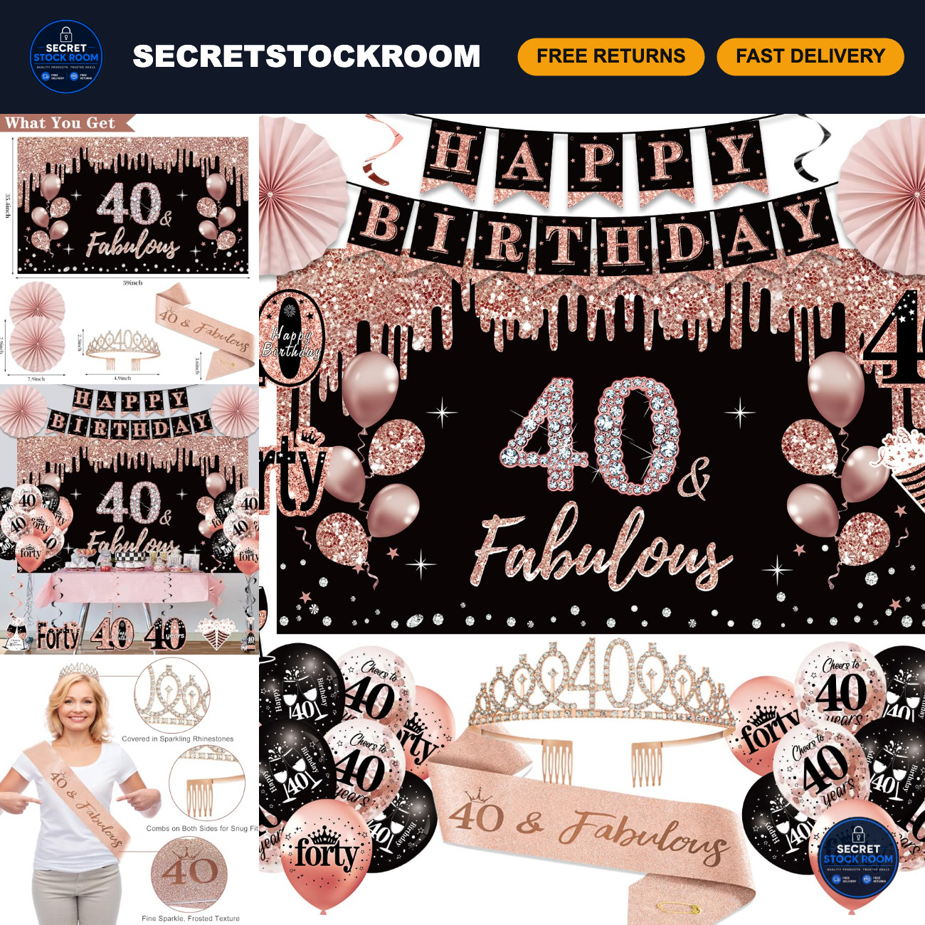 40th Birthday Decorations for Women, Happy 40th Birthday Banner Crown Sash