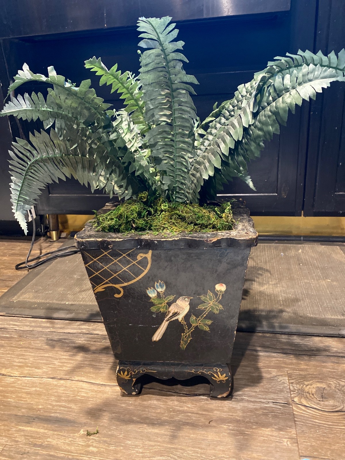 VTG Black & Gold Tole Chinoiserie Cache Pot Planter