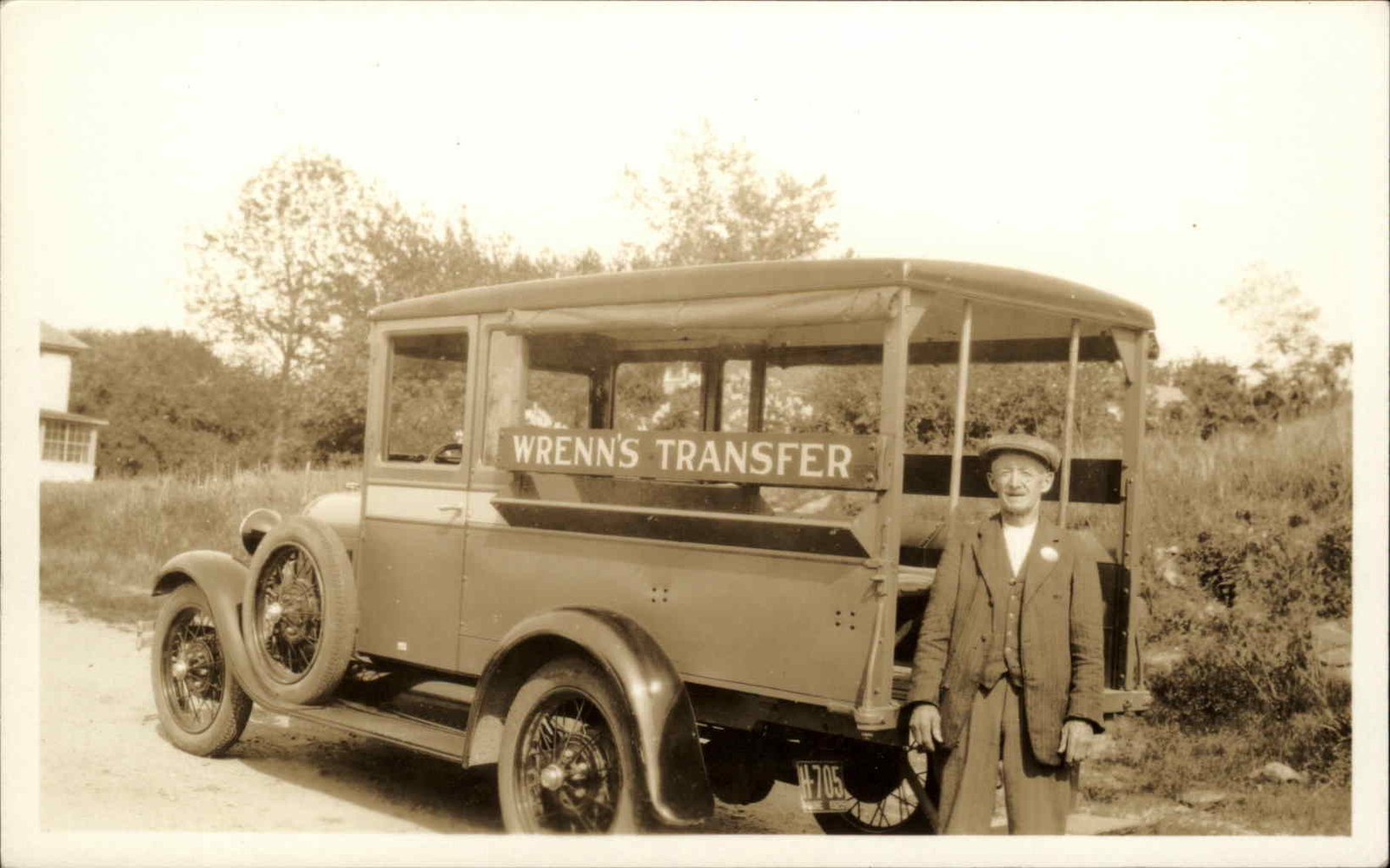 Wrenn\'s Transfer Bus Truck & Chauffeur Maine License Plate H-705 1929 RPPC