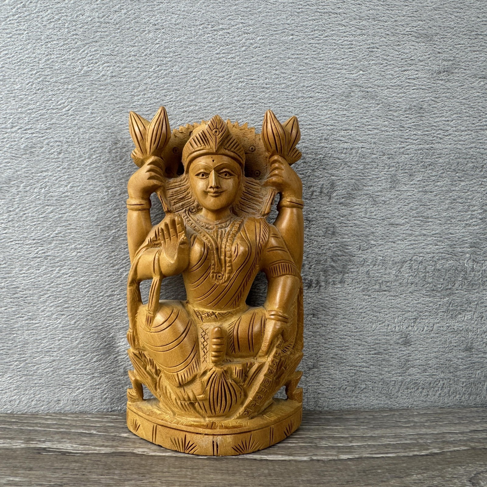Hand Carved Wood Hindu Goddess Lakshmi Statue India Figurine Decor Altar