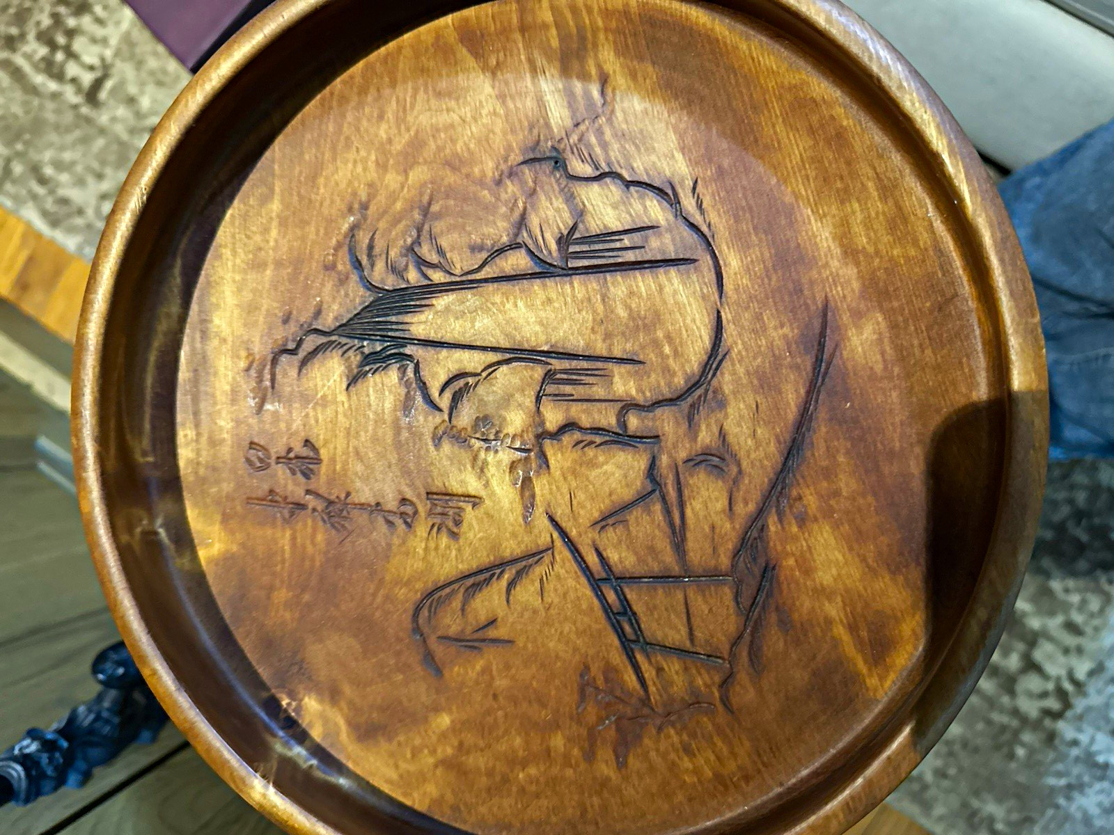 1954 Vintage Japanese Hand Carved Wood Tray Mt Fuji Jikkoko Pass Izu Souvenir 1954 Vintage Japanese Hand Carved Wood Tray Mt Fuji Jikkoko Pass Izu Souvenir