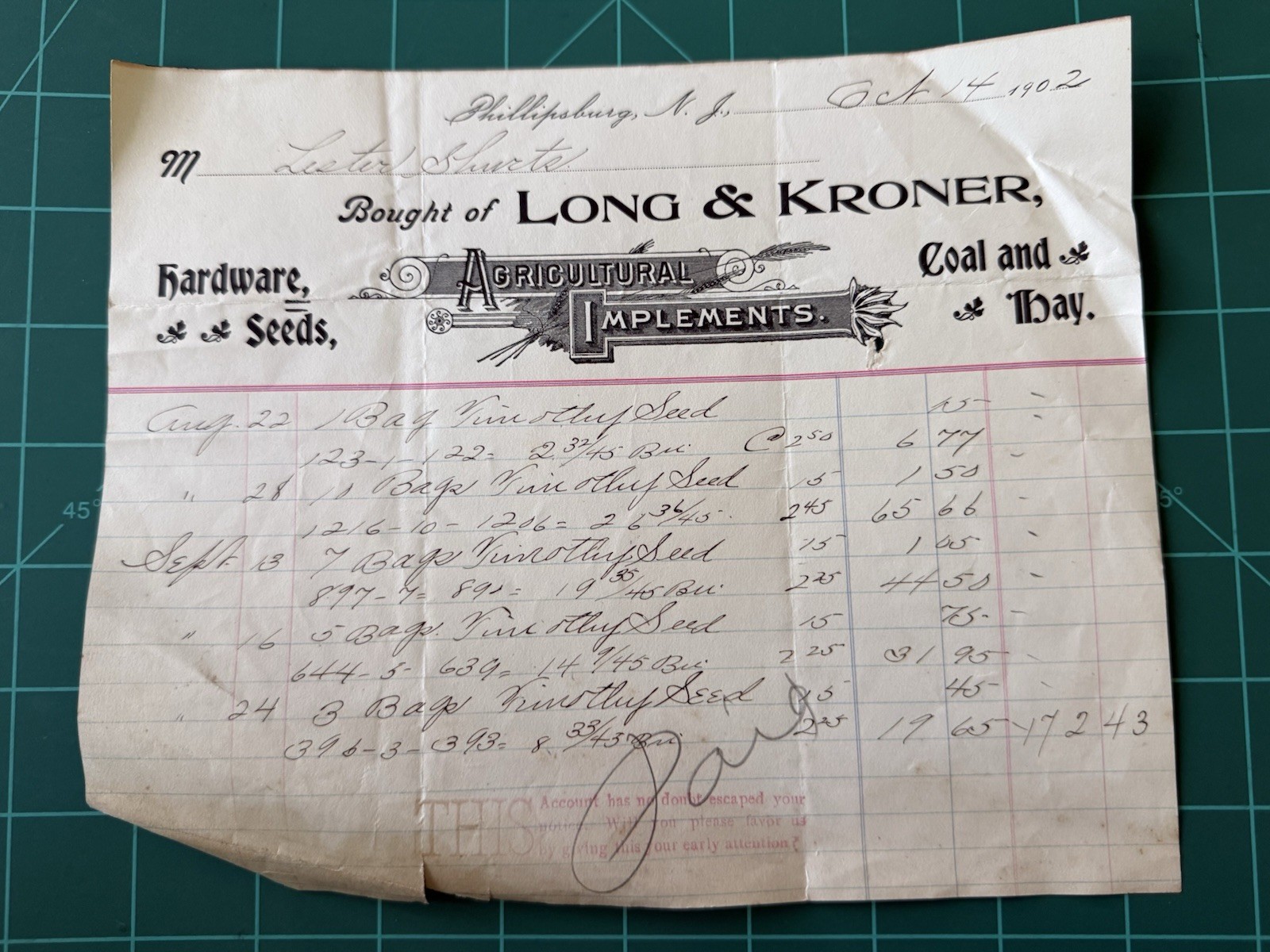 Vtg 1902 Merchant Billhead Invoice Receipt Phillipsburg NJ Long & Kroner Vtg 1902 Merchant Billhead Invoice Receipt Phillipsburg NJ Long & Kroner