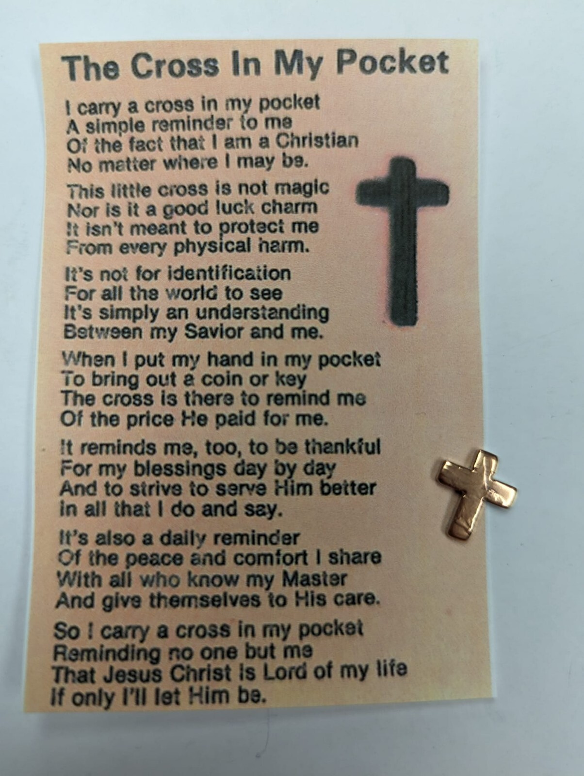 The Cross In My Pocket poem card with a small copper Cross cut out from a penny The Cross In My Pocket poem card with a small copper Cross cut out from a penny