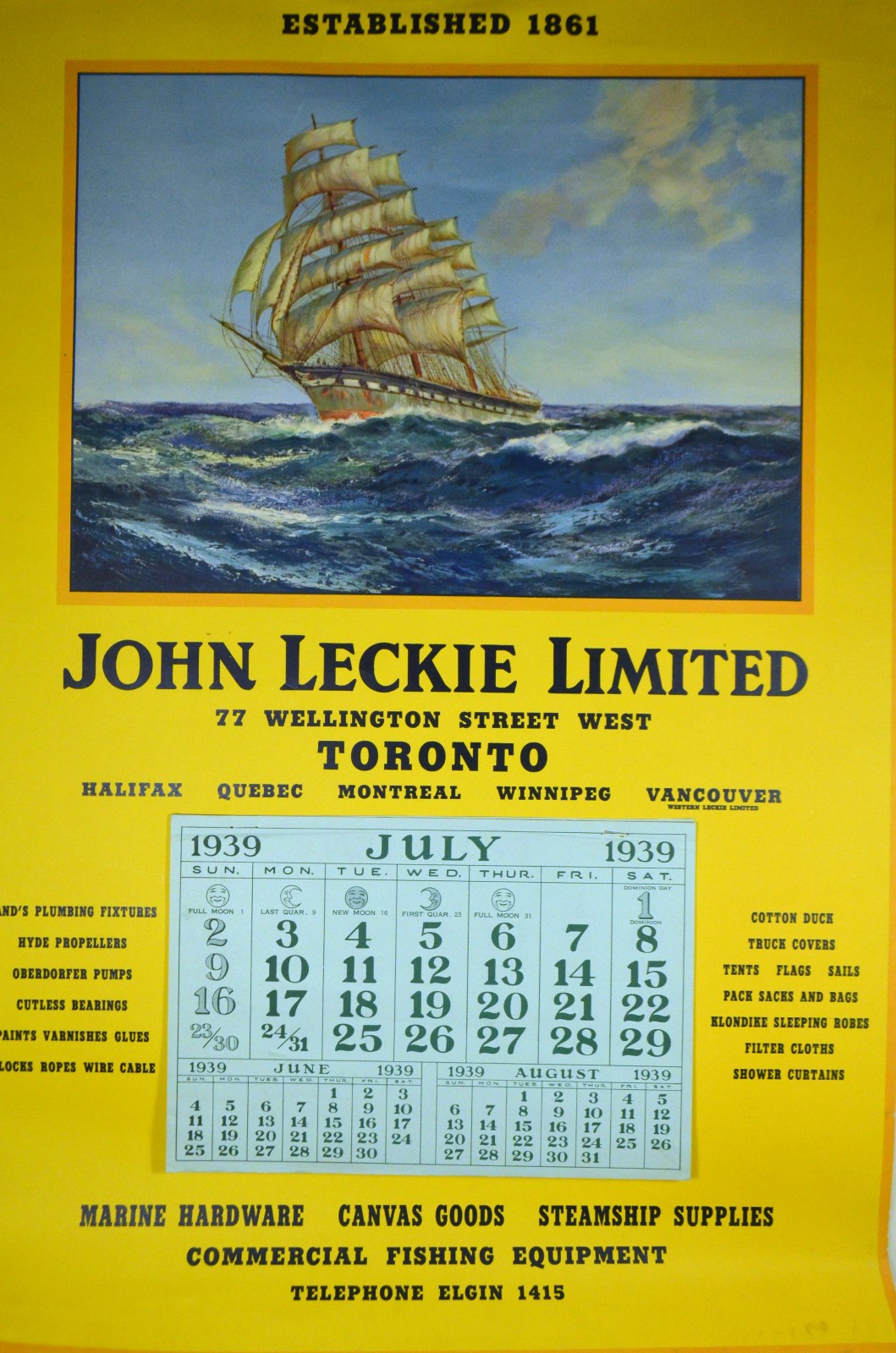 Vintage Toronto Ontario Calendar 1939 John Leckie Ltd Marine Hardware Fishing Vintage Toronto Ontario Calendar 1939 John Leckie Ltd Marine Hardware Fishing