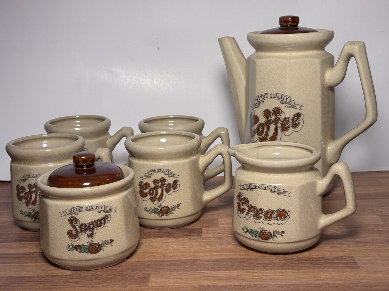 Vintage 70s Asake Japan Ceramic Coffee Pot Mug Set Retro Tan Crazing Mushroom Vintage 70s Asake Japan Ceramic Coffee Pot Mug Set Retro Tan Crazing Mushroom