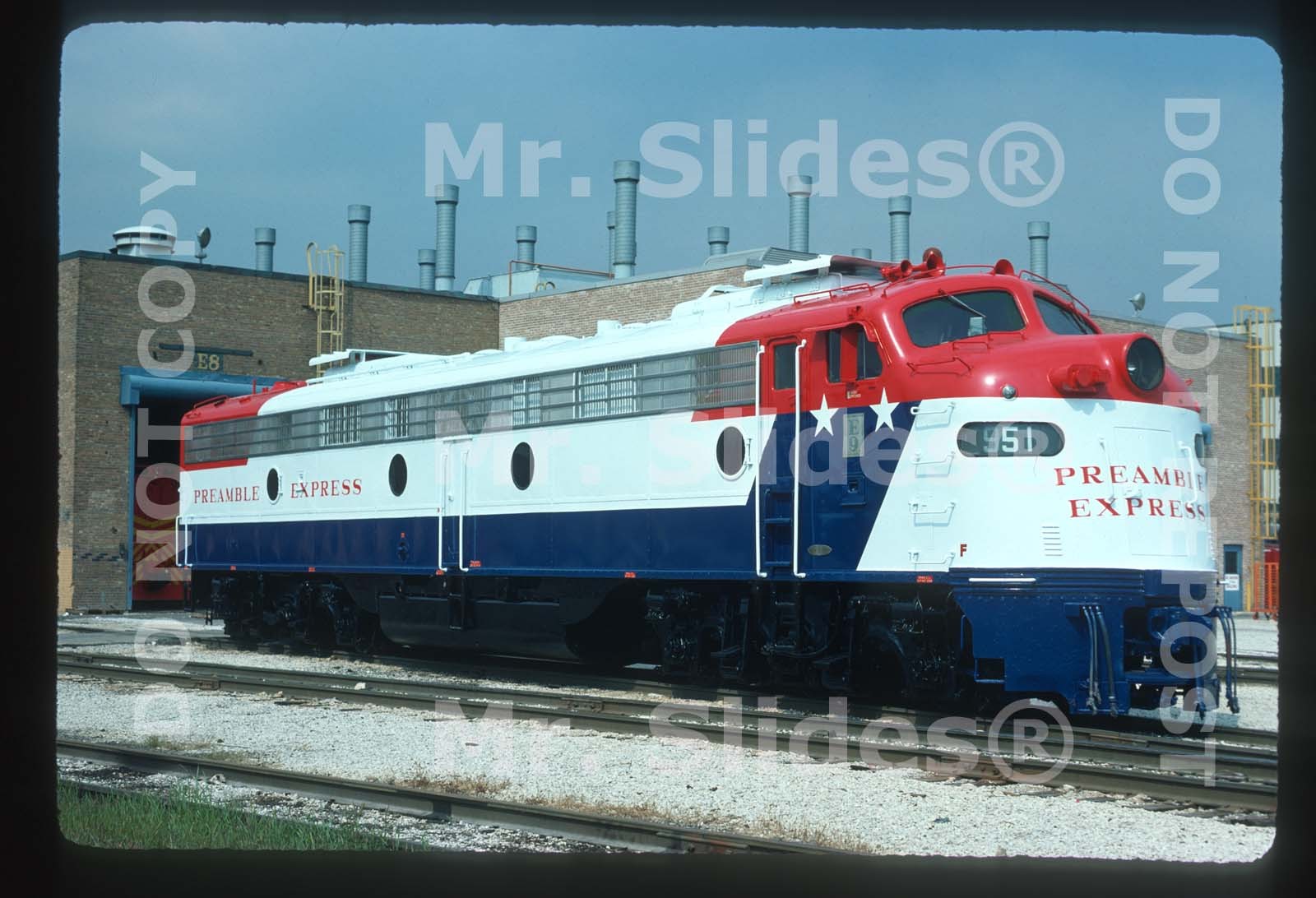 Original Slide Preamble Express/Union Pacific Fresh Paint E9A 951 In 1974 At EMD Original Slide Preamble Express/Union Pacific Fresh Paint E9A 951 In 1974 At EMD