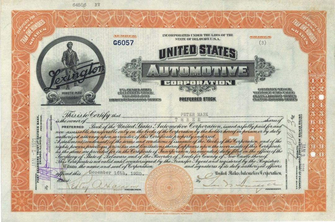 United States Automotive Corp. - 1920-1923 dated Stock Certificate - Automotiv