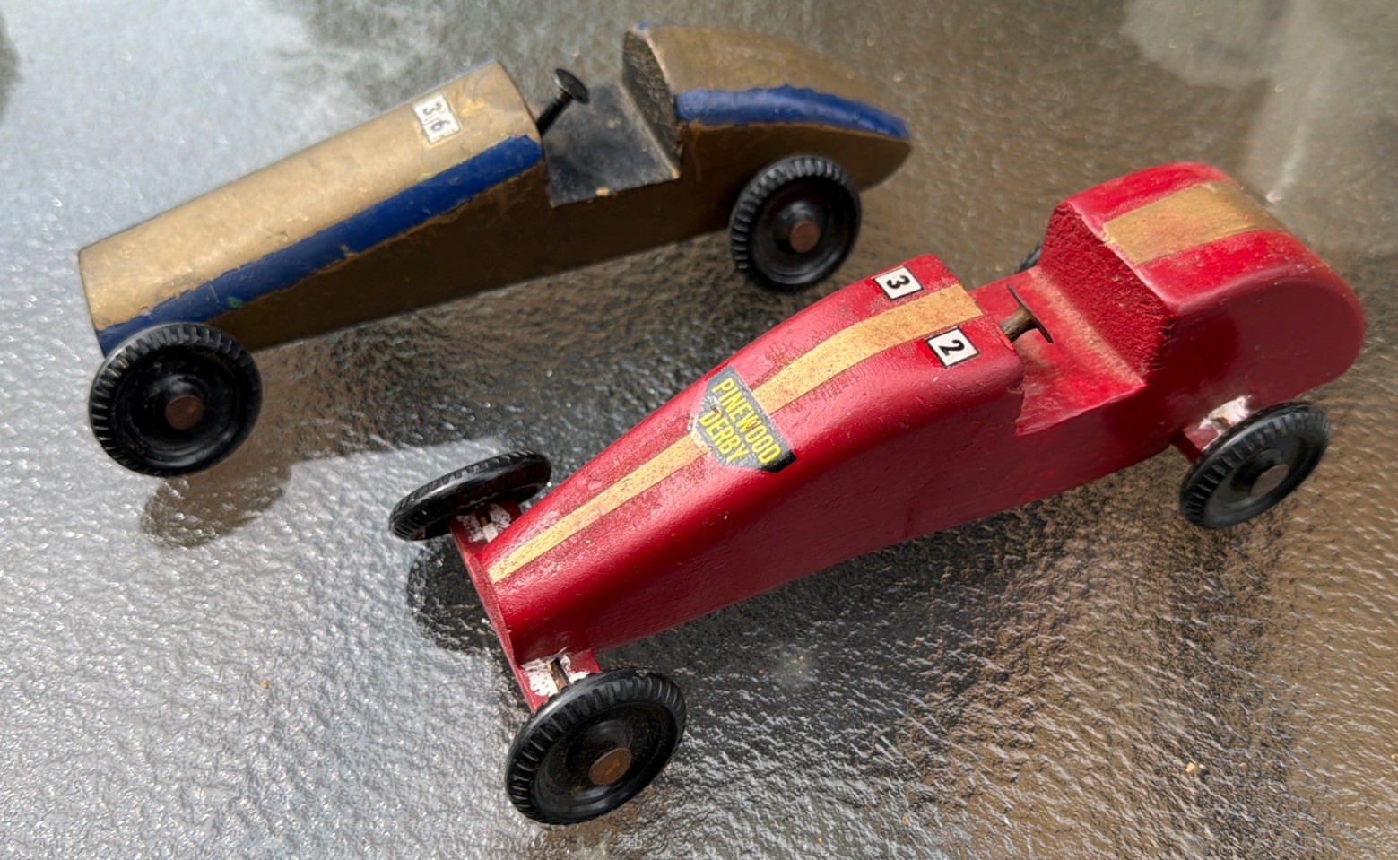 Two Vintage Pinewood Derby Cars 2 Number 32 & 36 Red & Gold 1960’s Original Two Vintage Pinewood Derby Cars 2 Number 32 & 36 Red & Gold 1960’s Original