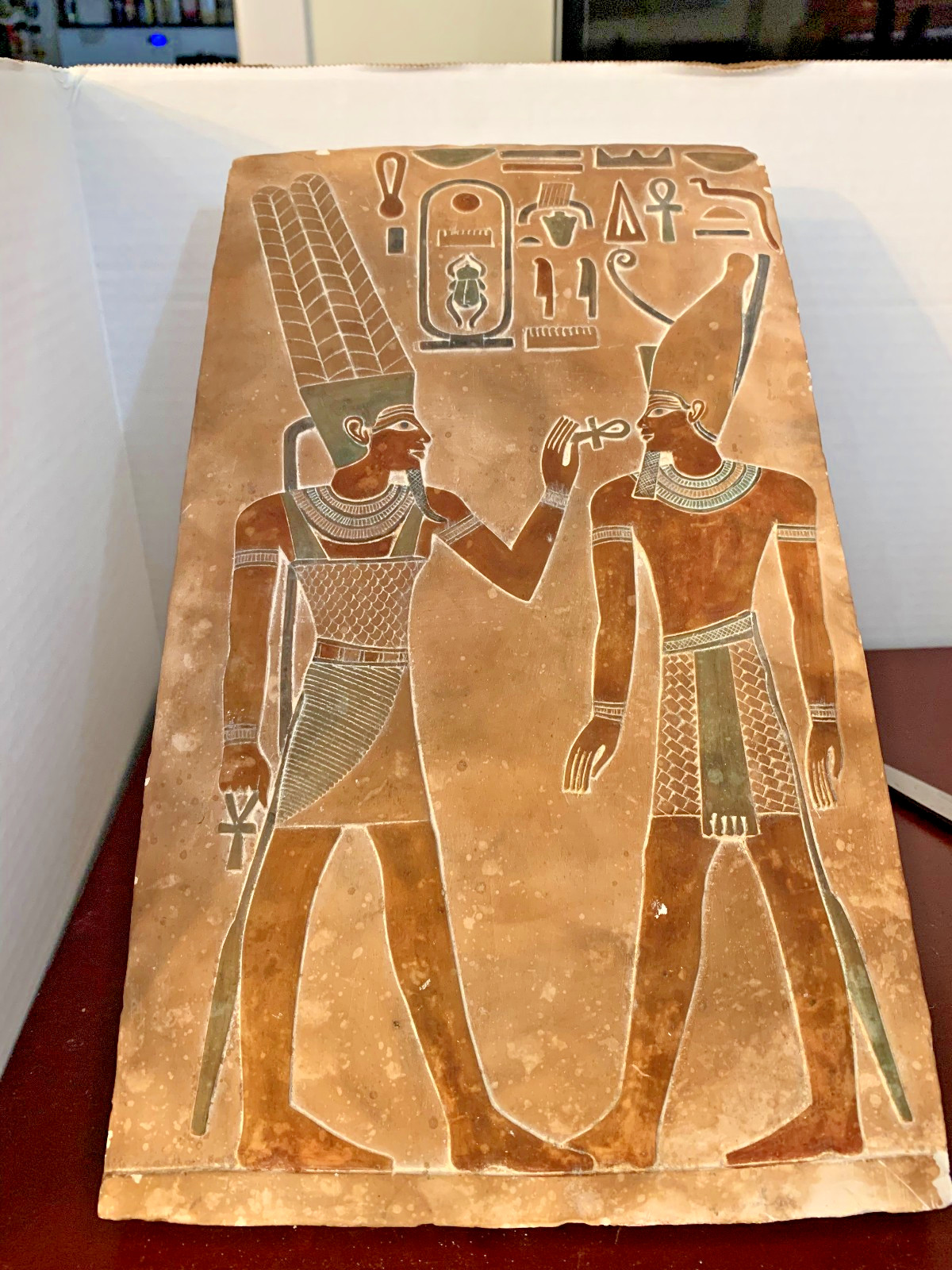  EGYPTIAN PHARAOH & DEITY RELIEF TABLET WALL PLAQUE - HAND-CARVED REPLICA, 8”x13