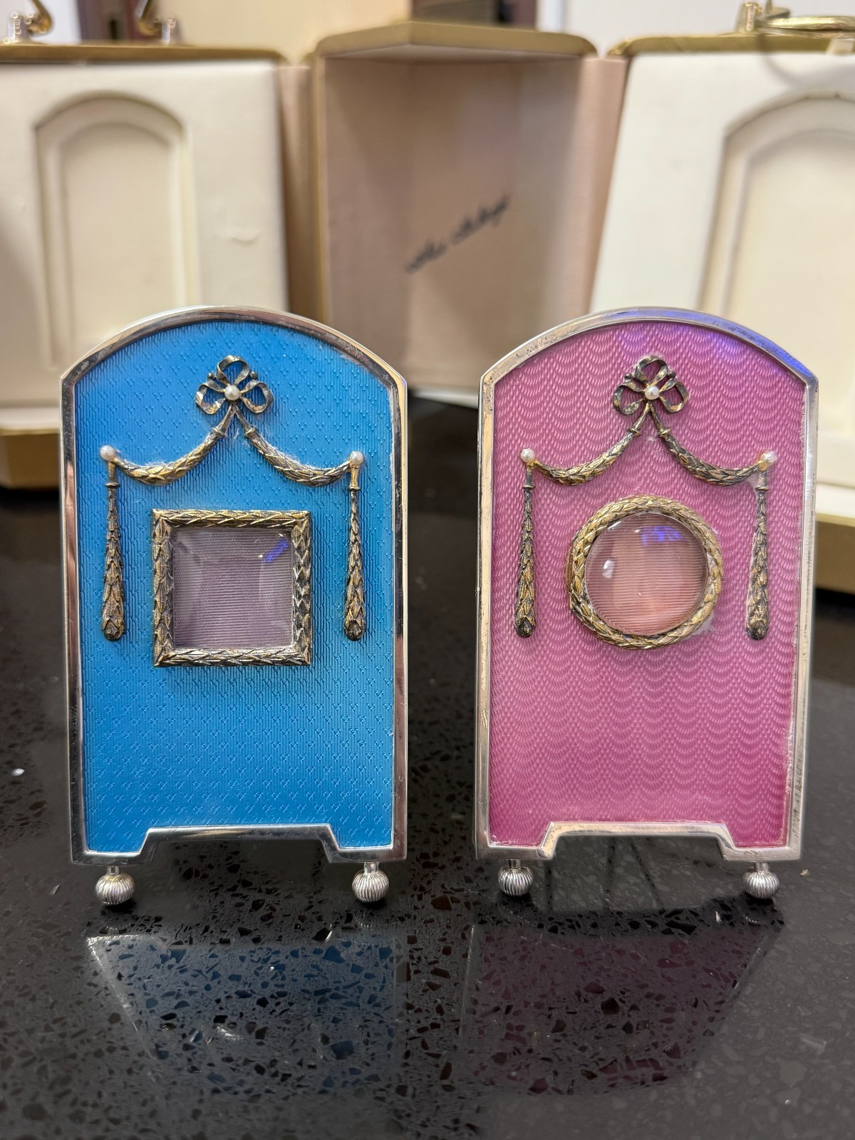 1987 Theo Fabergé Alexis & Anastasia Enamel Picture Frame Pair Victorian