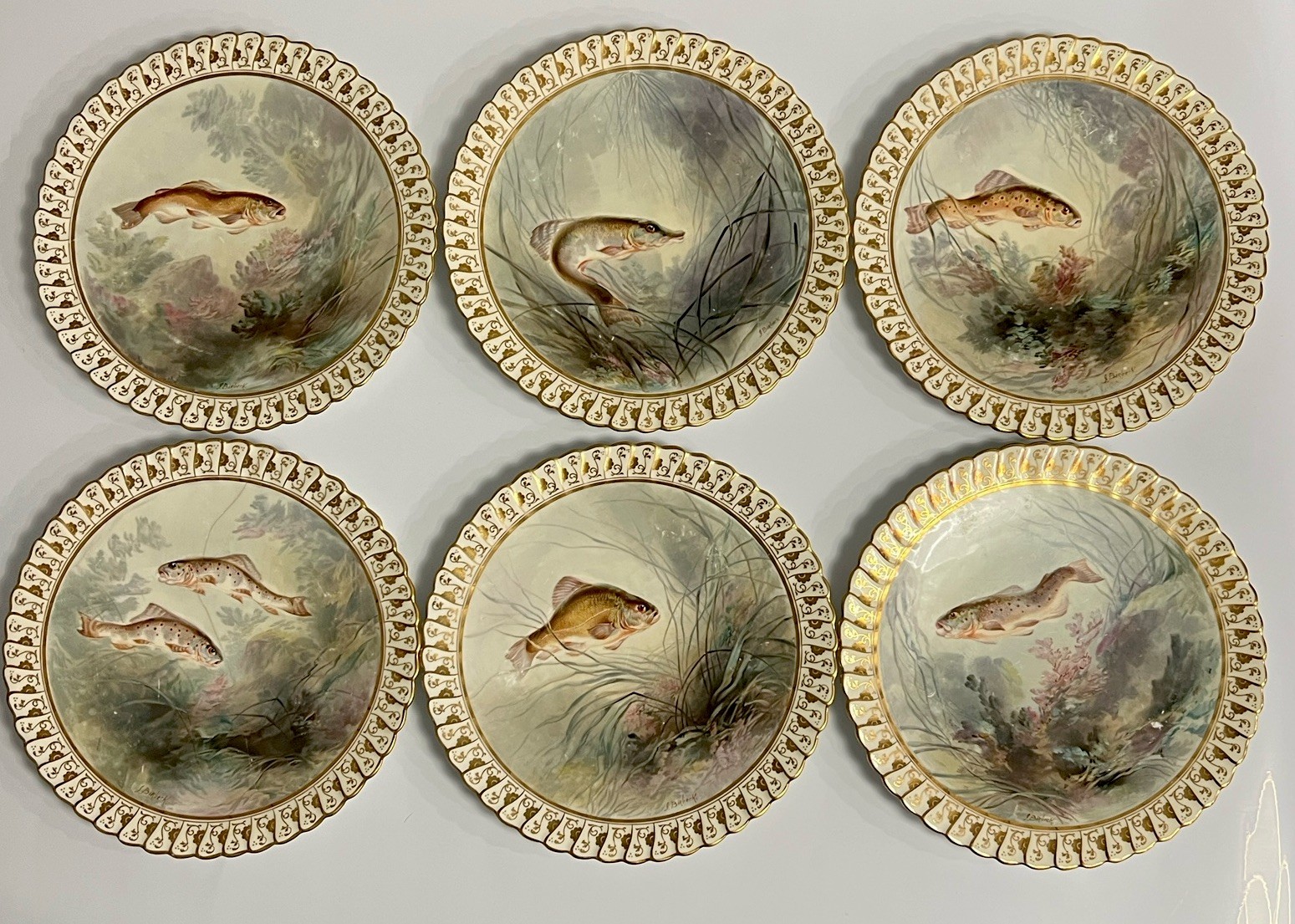 Rare Antique Museum Fish Plates Set Hand Painted J Birbeck Joseph Birbeck 1920s Rare Antique Museum Fish Plates Set Hand Painted J Birbeck Joseph Birbeck 1920s
