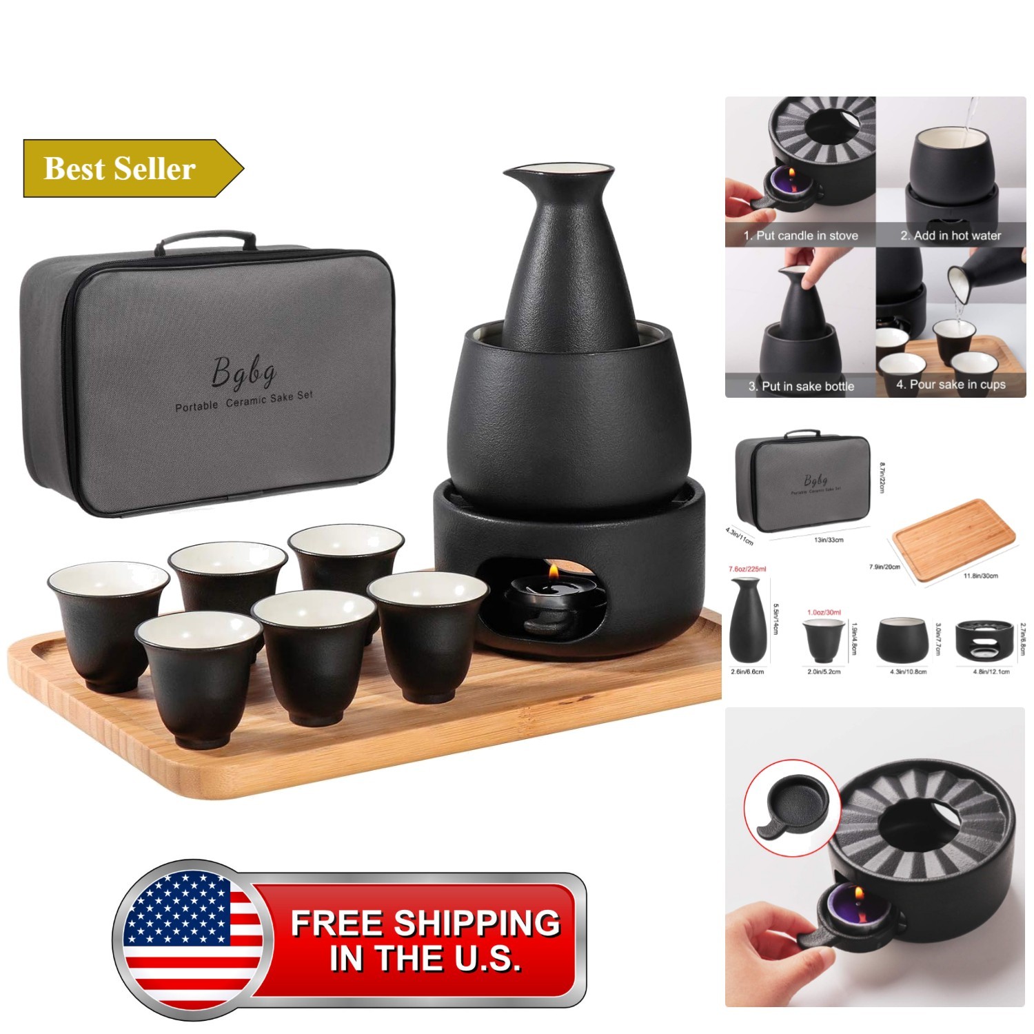 Ceramic Sake Set with Warmer Pot Bamboo Tray-Traditional Japanese Pottery Hot...