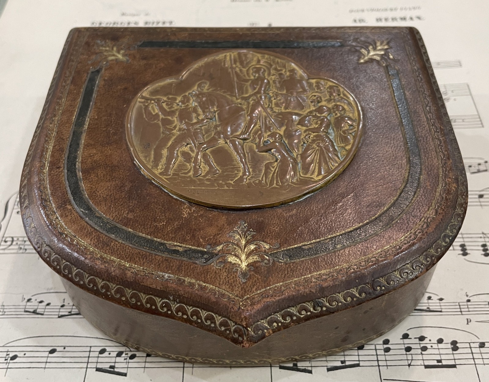 Rare Antique French Joan of Arc Bronze Leather Jewelry Box Signed Lenoir c1920
