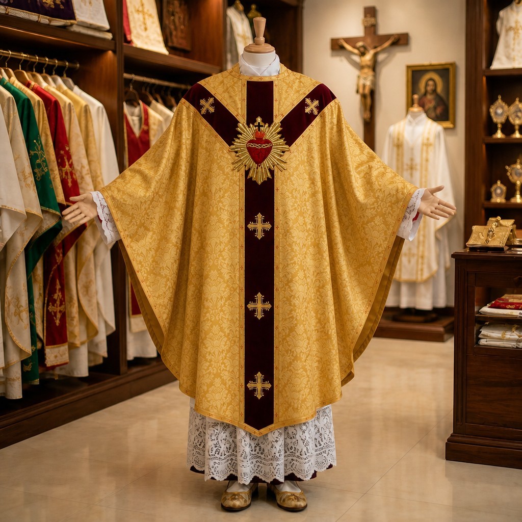 Catholic Gold Gothic Chasuble | Hand Embroidered Sacred Heart Rays Applique