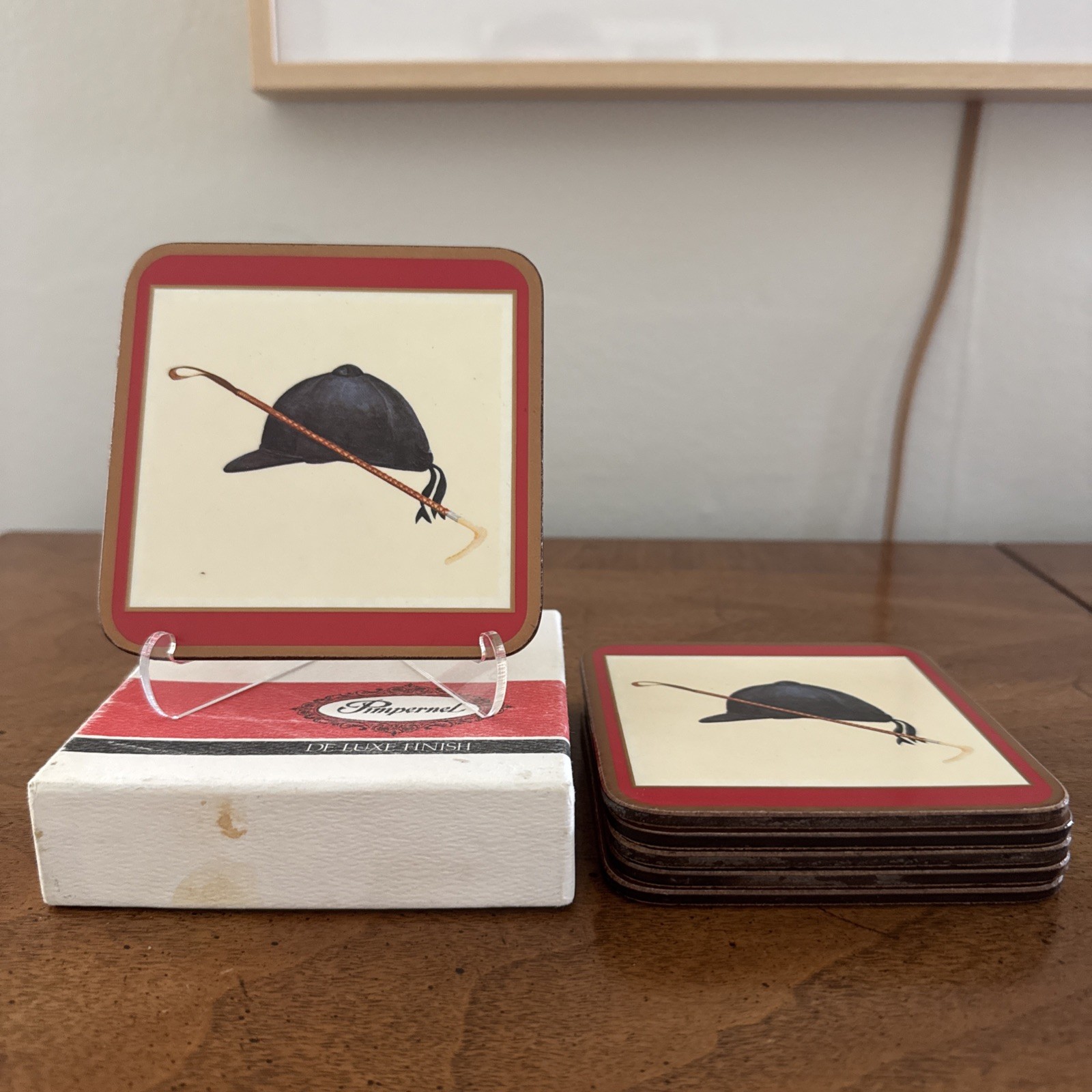 Vintage 4” x 4” Pimpernel “Riding Hat & Crop” Coasters w/ Cork, Made in England Vintage 4” x 4” Pimpernel “Riding Hat & Crop” Coasters w/ Cork, Made in England