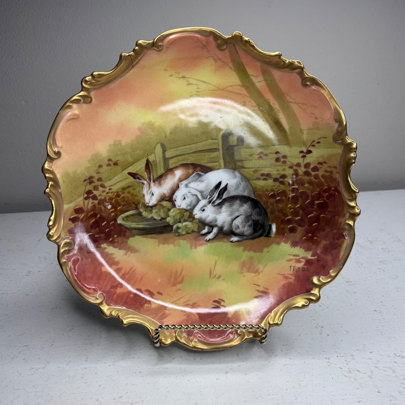 Antique Limoges Coronet Rabbits Hand Painted Gold Trim Signed by Artist Plate Antique Limoges Coronet Rabbits Hand Painted Gold Trim Signed by Artist Plate