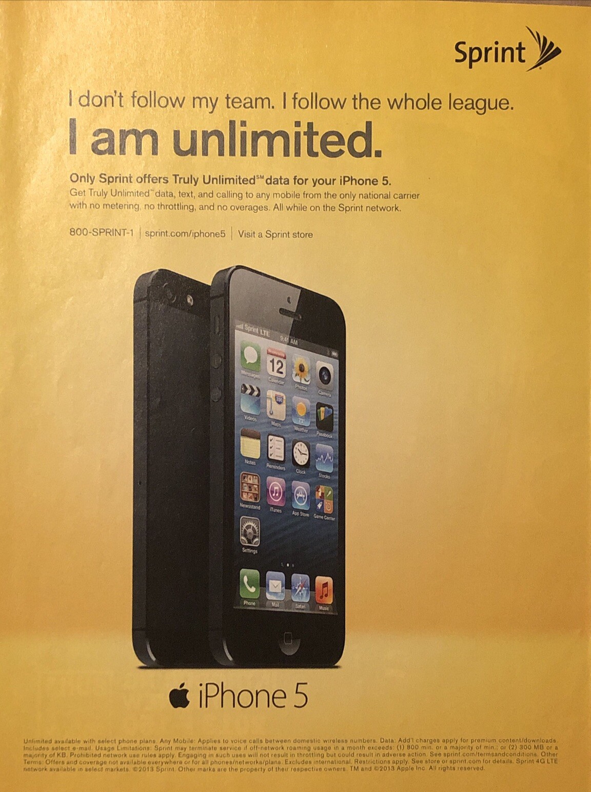 2013 Apple iPhone 5 PRINT AD Only Sprint Truly Unlimited Data - I Am Unlimited 2013 Apple iPhone 5 PRINT AD Only Sprint Truly Unlimited Data - I Am Unlimited