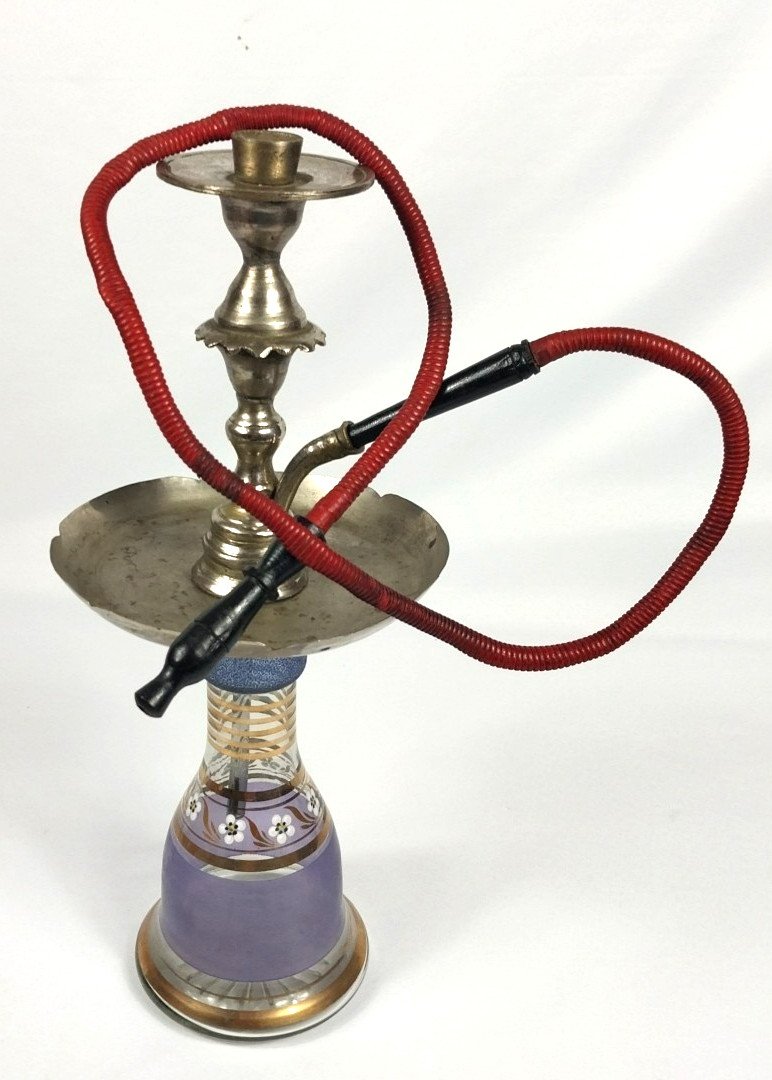 Vintage 1980s Brass Hookah Water Tabaco Pipe Purple Glass Base 18” 1 Hose
