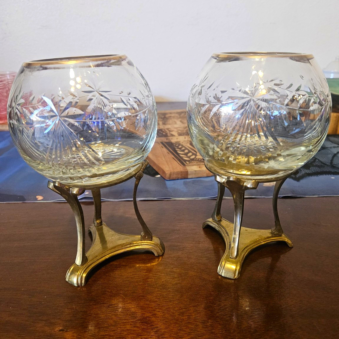Vintage Matched Pair Cut Crystal Rose Bowls Ornate Brass Tripod Stands Vintage Matched Pair Cut Crystal Rose Bowls Ornate Brass Tripod Stands