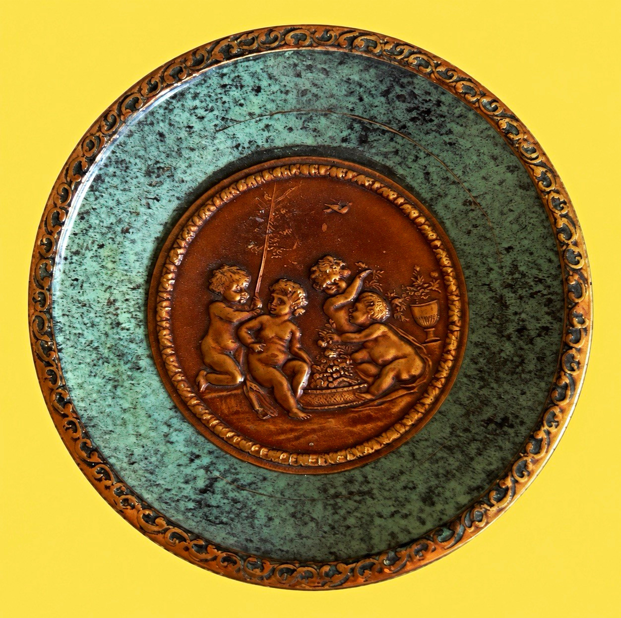 Title: Vintage Set of 3 6” Round Wall Plaques Horse Dog Cherubs Verdigris Bronze Title: Vintage Set of 3 6” Round Wall Plaques Horse Dog Cherubs Verdigris Bronze