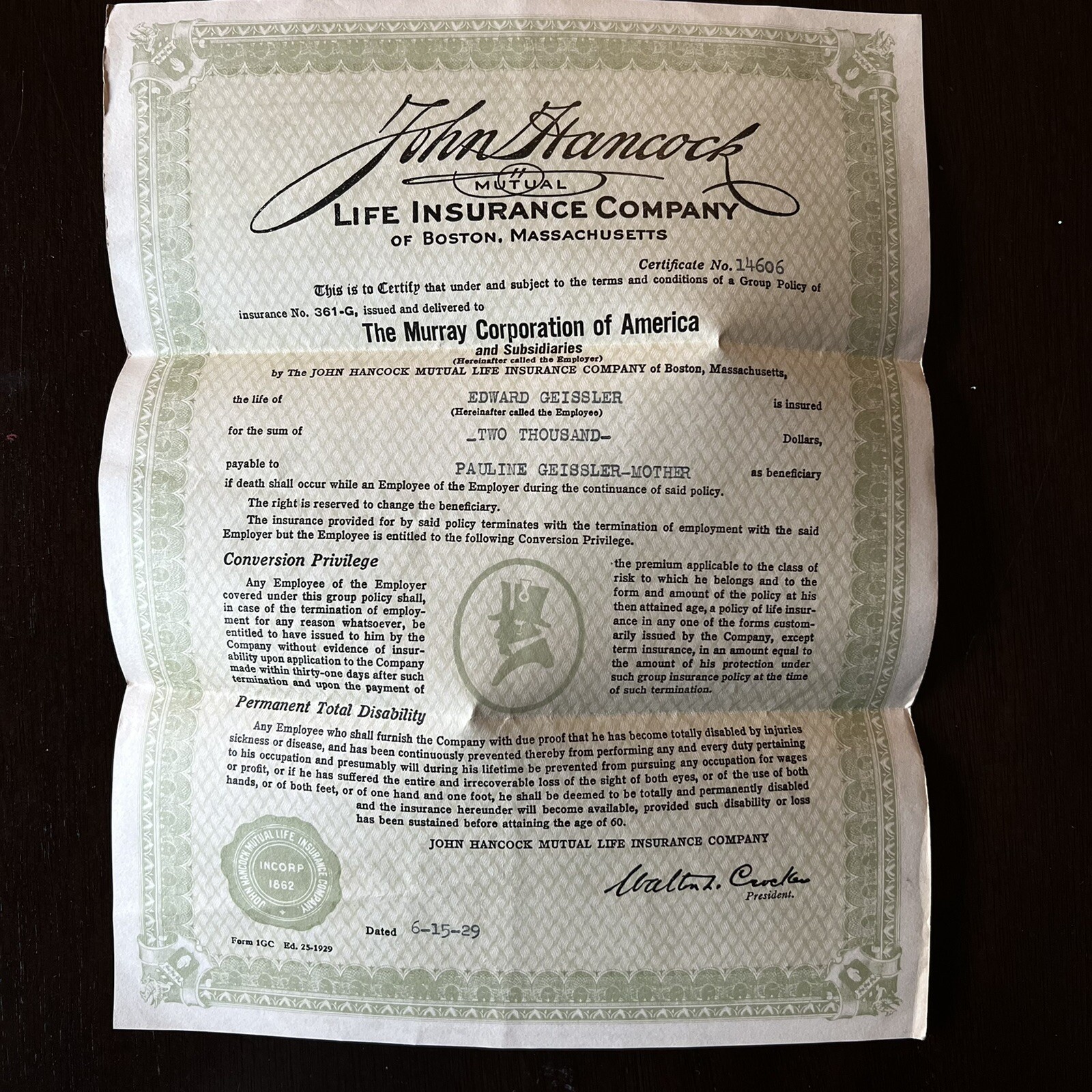 1929 JOHN HANCOCK LIFE INSURANCE POLICY CERTIFICATE MURRAY CORPORATION $2,000 1929 JOHN HANCOCK LIFE INSURANCE POLICY CERTIFICATE MURRAY CORPORATION $2,000