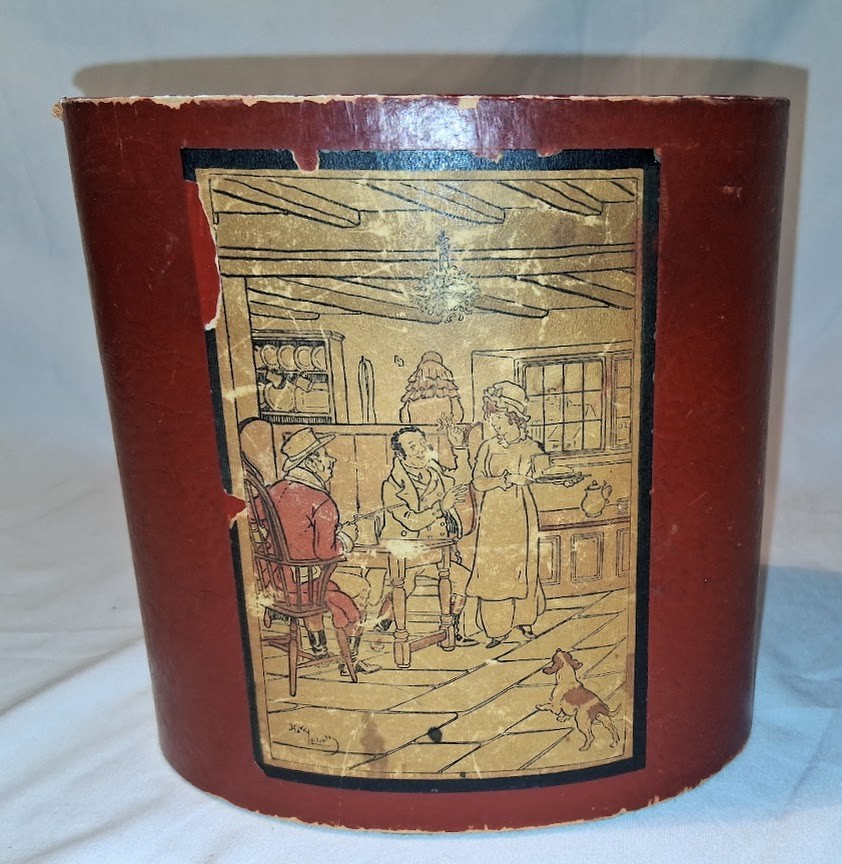Small Vintage Wastebasket with English Pub Scene by Harry Eliott 6\ Small Vintage Wastebasket with English Pub Scene by Harry Eliott 6\