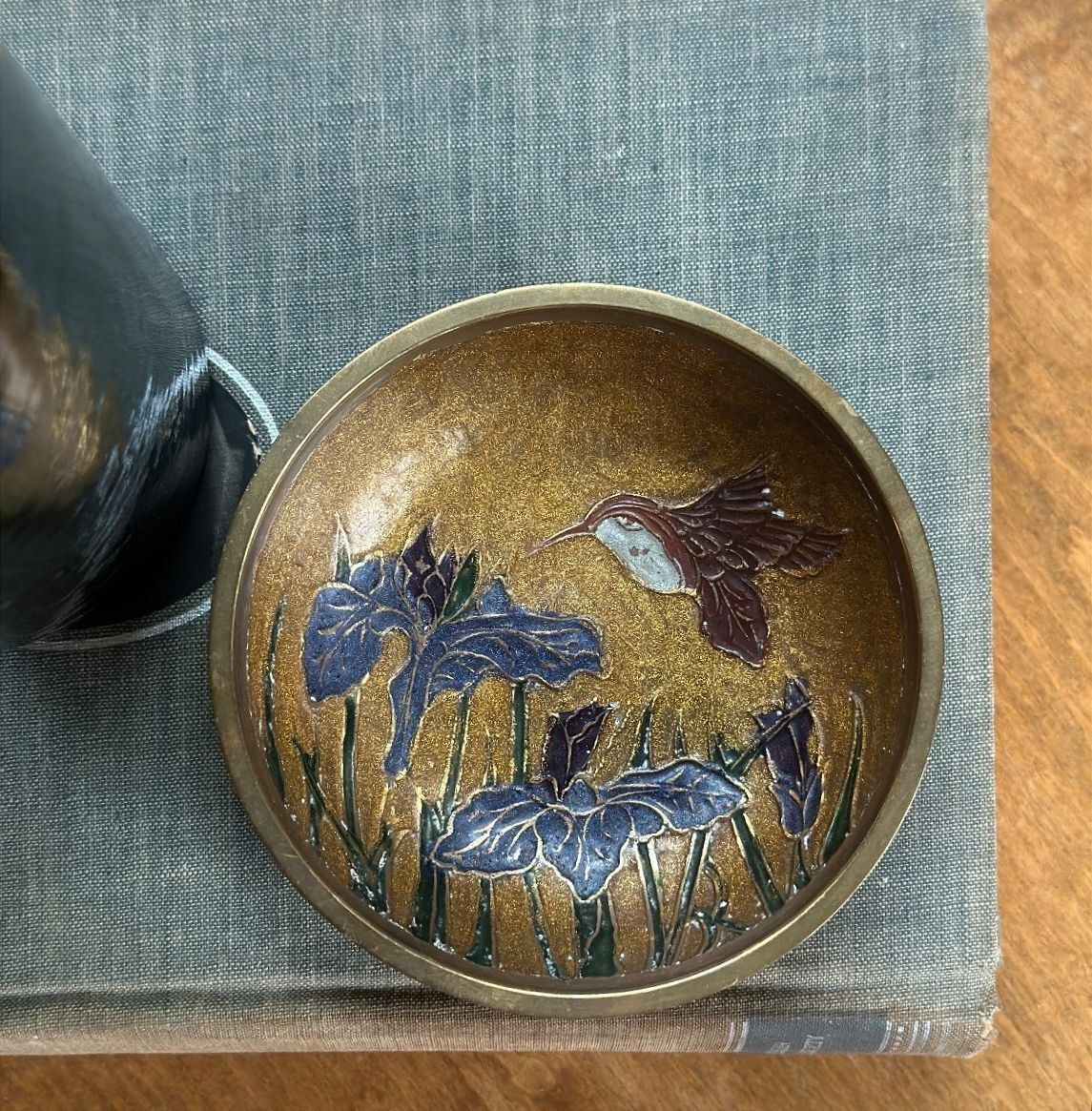 Vintage Enameled Hummingbird Trinket Dish Iris Flower Bowl Made in India