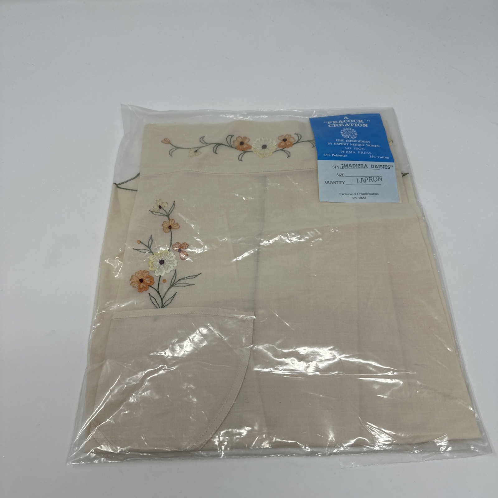 Vintage Peacock Creation Madiera Daisies Embroidered Apron Tan Floral NIP RN