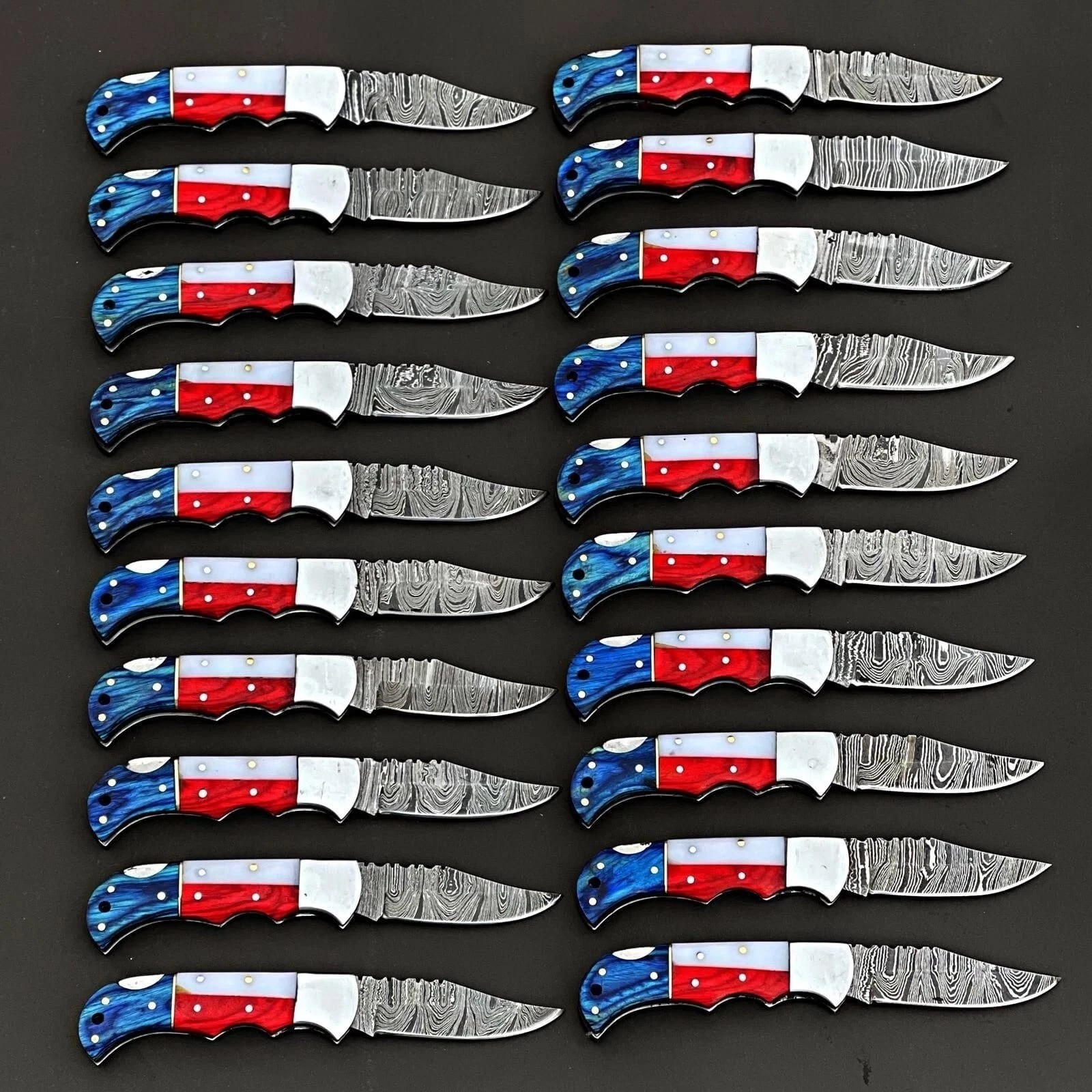 LOT of 50pcs, Damascus Steel American Flag Handle Folding Knives With Sheaths LOT of 50pcs, Damascus Steel American Flag Handle Folding Knives With Sheaths