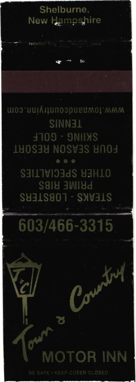 Shelburne New Hampshire Town & Country Motor Inn Vintage Matchbook Cover Shelburne New Hampshire Town & Country Motor Inn Vintage Matchbook Cover