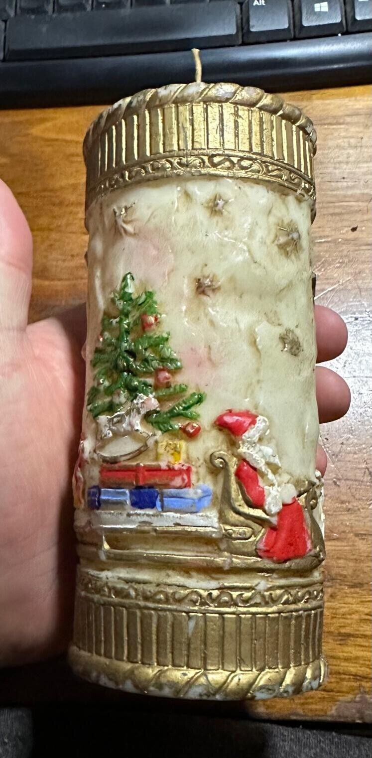 Vintage Christmas Candle Santa Sleigh Reindeer Tree Toys Gold Stars Moon Scene