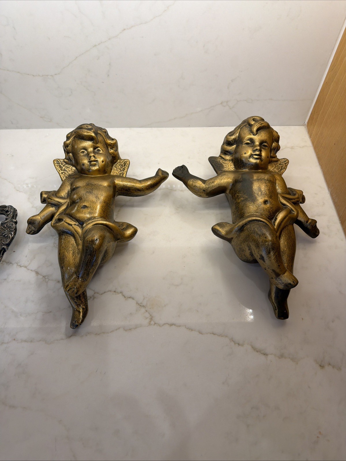 Vintage MCM Cherub Wall Pockets Gold Black Resin Made In California 203 Vintage MCM Cherub Wall Pockets Gold Black Resin Made In California 203