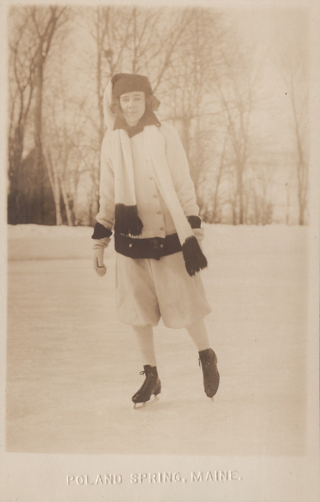 Poland Spring Maine RPPC Woman Ice Skating Winter Sport Real Photo 1920s
