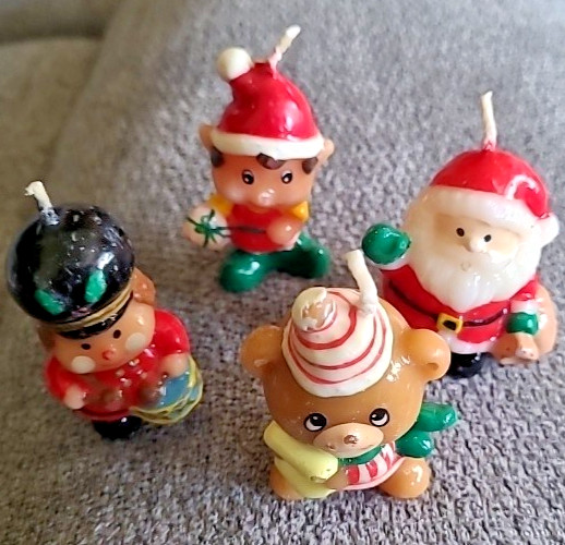 Vtg Lot Of 4 Russ Berrie Christmas Mini 2” Candle Santa Bear Elf Drummer Boy