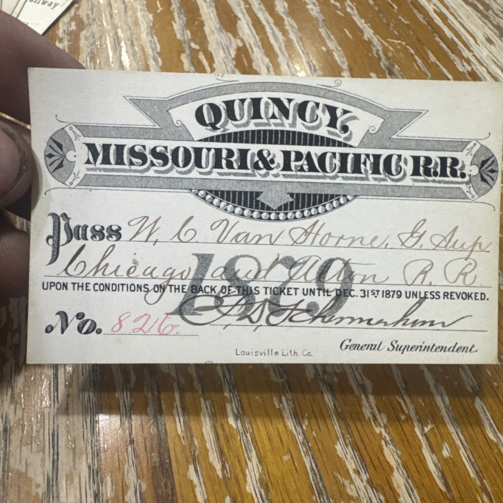 1879 Quincy Missouri & Pacific Railroad Annual Pass To Cornelius Van Horne