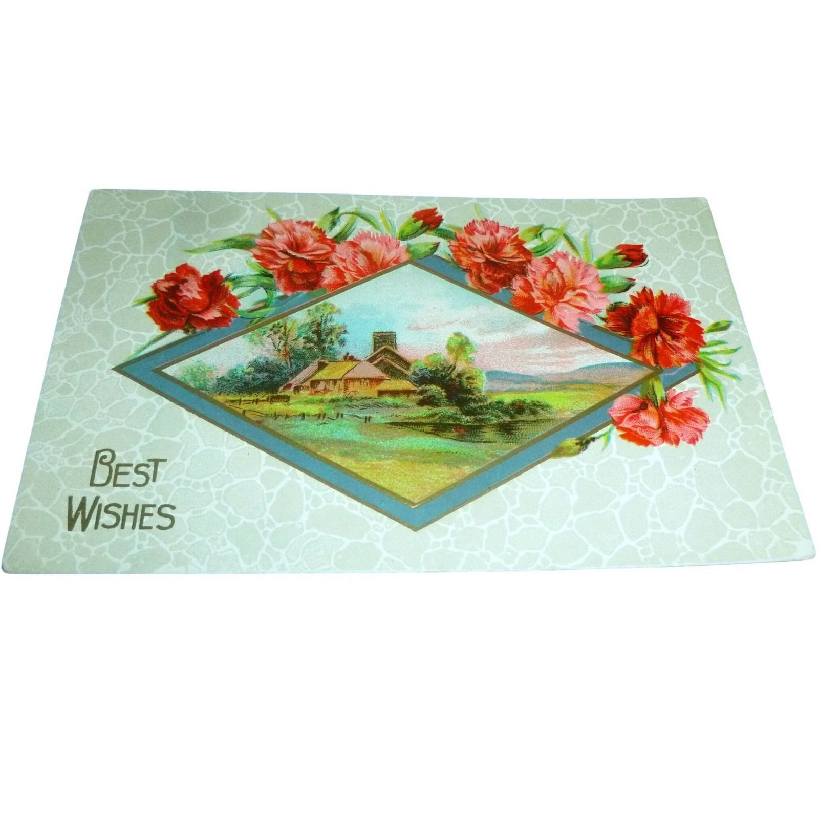 Antique Best Wishes Postcard Red Carnations Landscape Cottage Embossed Unposted Antique Best Wishes Postcard Red Carnations Landscape Cottage Embossed Unposted