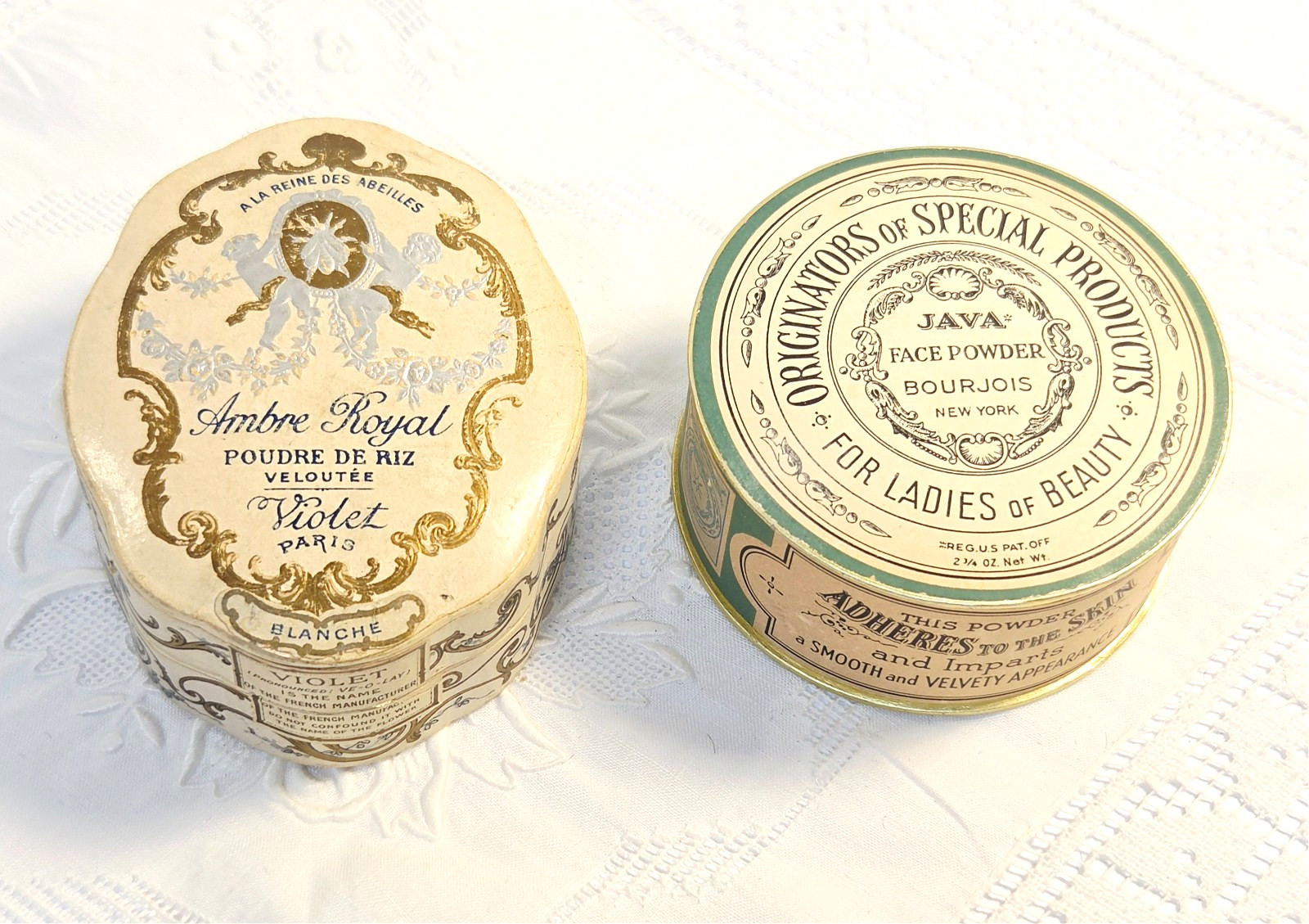 #15 Vanity 2 Antique Powder Boxes 1 Unused Java Bourjois & Ambre Royal Poudre #15 Vanity 2 Antique Powder Boxes 1 Unused Java Bourjois & Ambre Royal Poudre