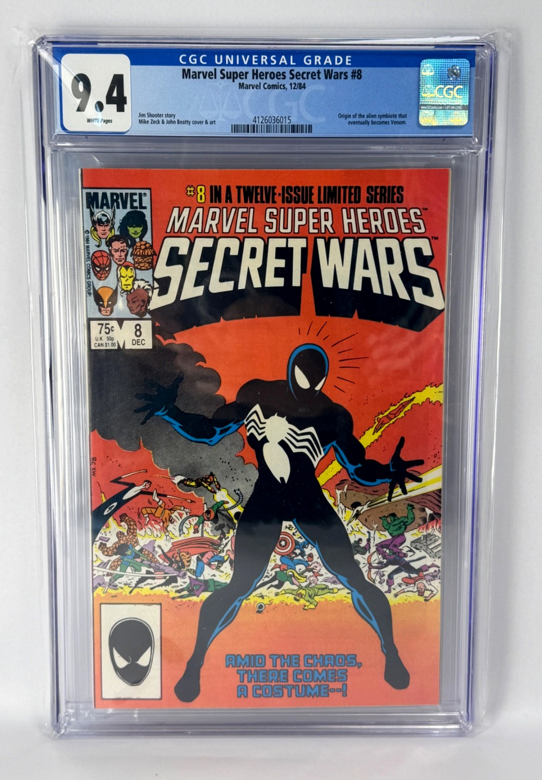 Marvel Super-Heroes: SECRET WARS #8 CGC NM 9.4 White Pages 1st Black Suit Marvel Super-Heroes: SECRET WARS #8 CGC NM 9.4 White Pages 1st Black Suit