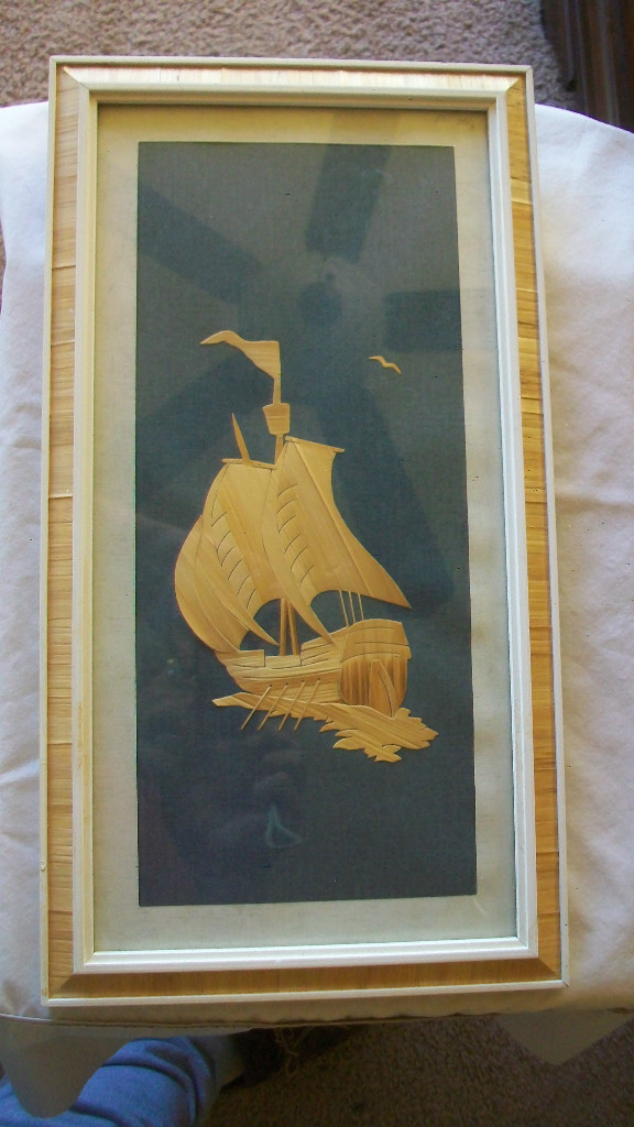 HAND MADE FLAT WOODEN SHIP FRAMED AND MATTED