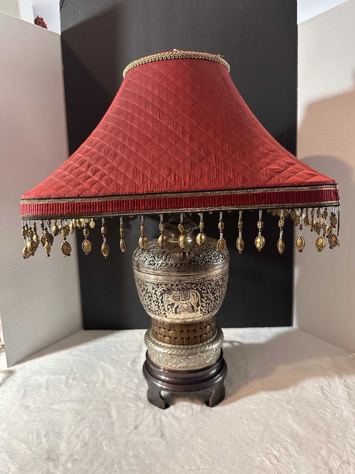 Vintage Frederick Cooper Asian Elephant Lamp Pagoda Quilted Red Shade Stamped Vintage Frederick Cooper Asian Elephant Lamp Pagoda Quilted Red Shade Stamped