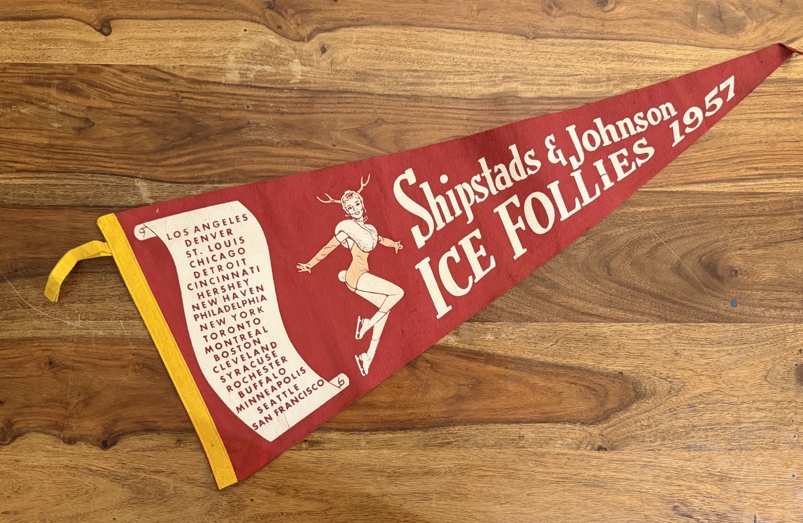 2 Vintage 1957 Shipstads & Johnson Ice Follies Felt Pennants Red & Navy Skater 2 Vintage 1957 Shipstads & Johnson Ice Follies Felt Pennants Red & Navy Skater