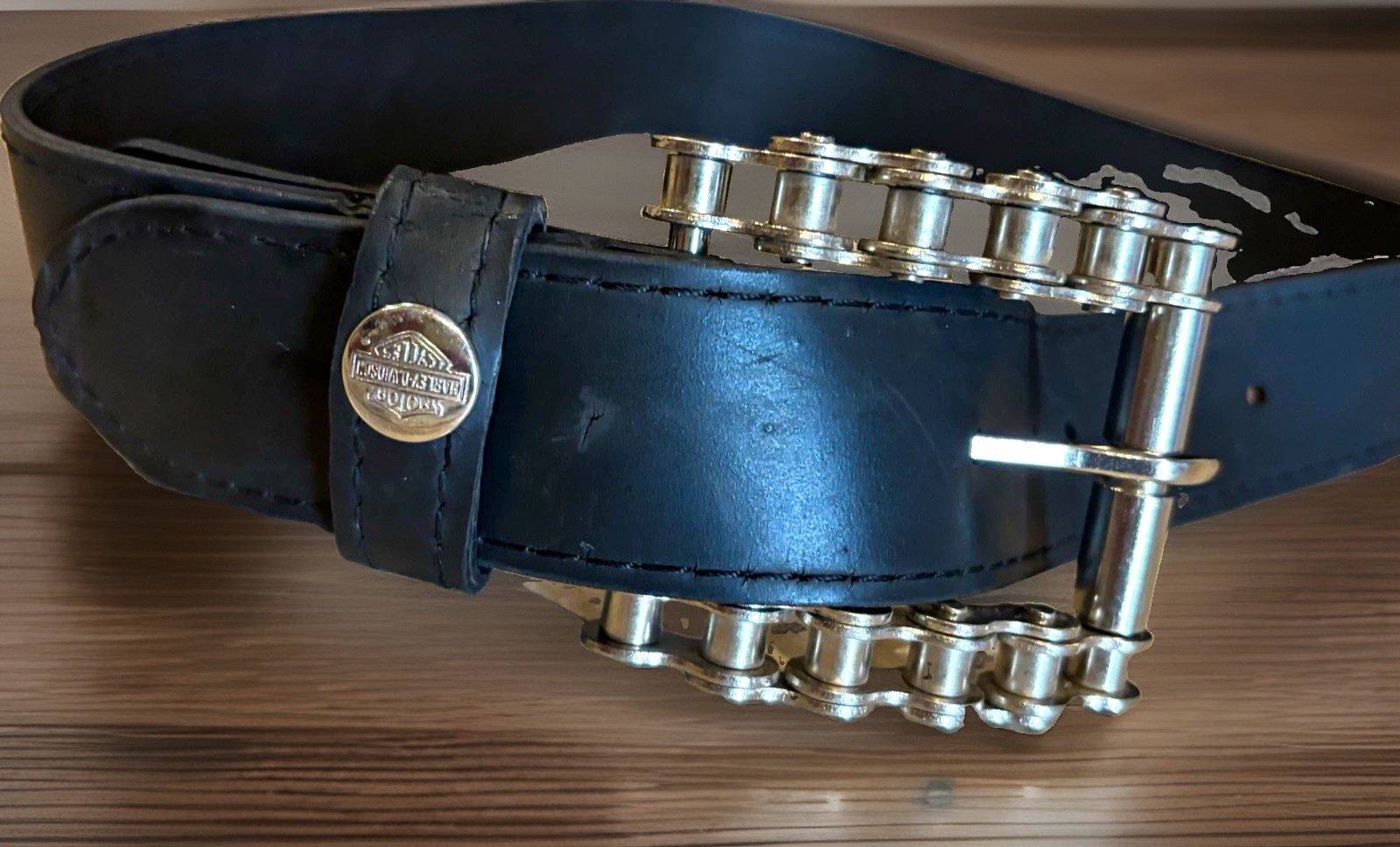 VTG Harley-Davidson Black Leather Belt Chrome Chain-Link Style Buckle Punk Rider VTG Harley-Davidson Black Leather Belt Chrome Chain-Link Style Buckle Punk Rider