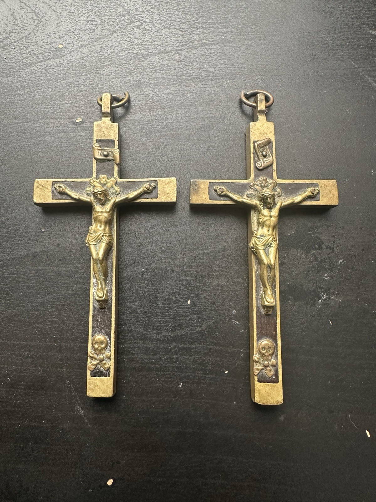 x2 Antique Pectoral Crucifix Skull & Crossbones Cross Brass Wood Inlay 4 x2 Antique Pectoral Crucifix Skull & Crossbones Cross Brass Wood Inlay 4